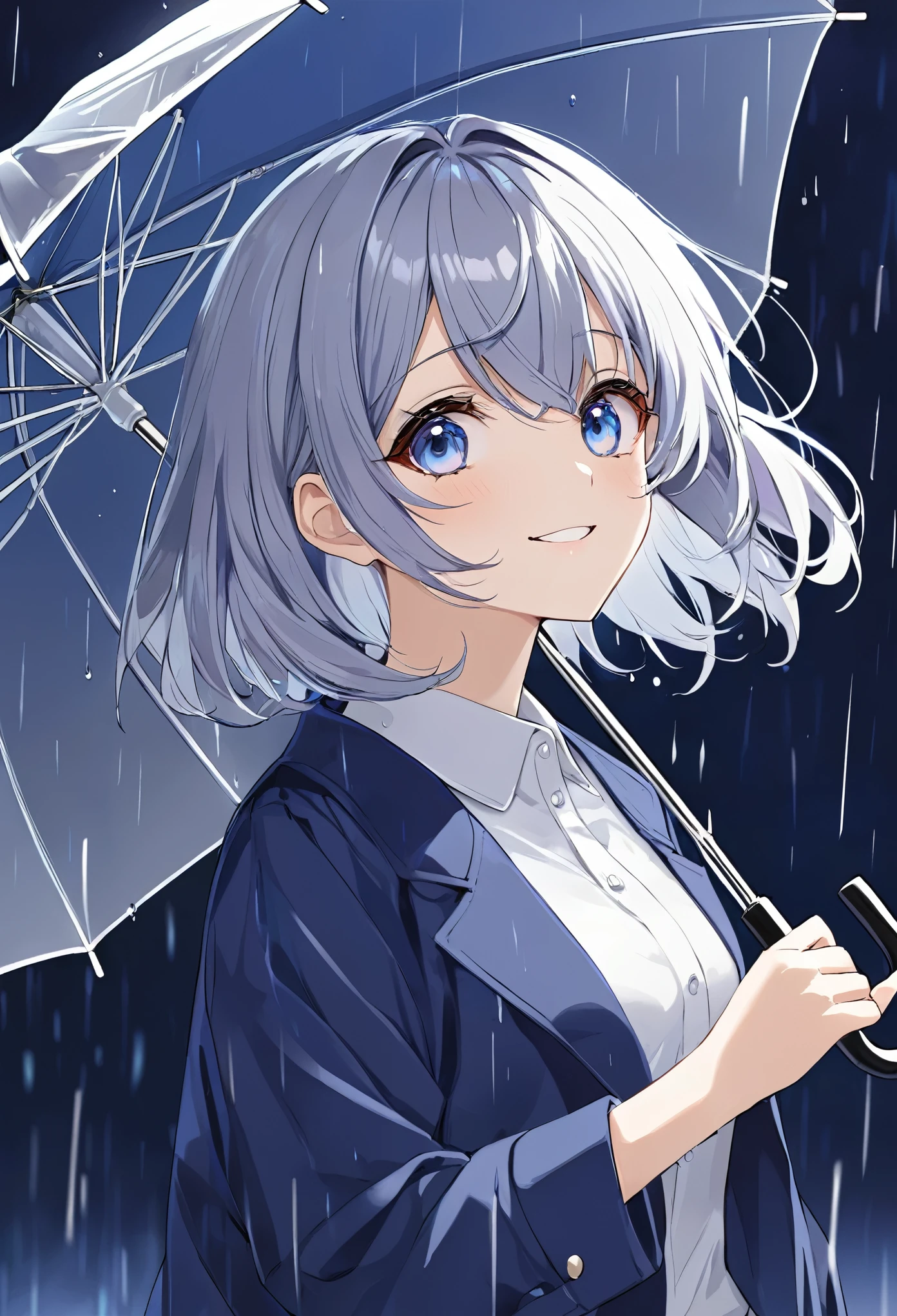 One Girl、Anime Style、Blue-grey eyes and hair、Big eyes、Eye highlights、Medium Hair、White shirt、Navy blue jacket、Beautiful indigo rain background、smile、highest quality、masterpiece、I have an umbrella