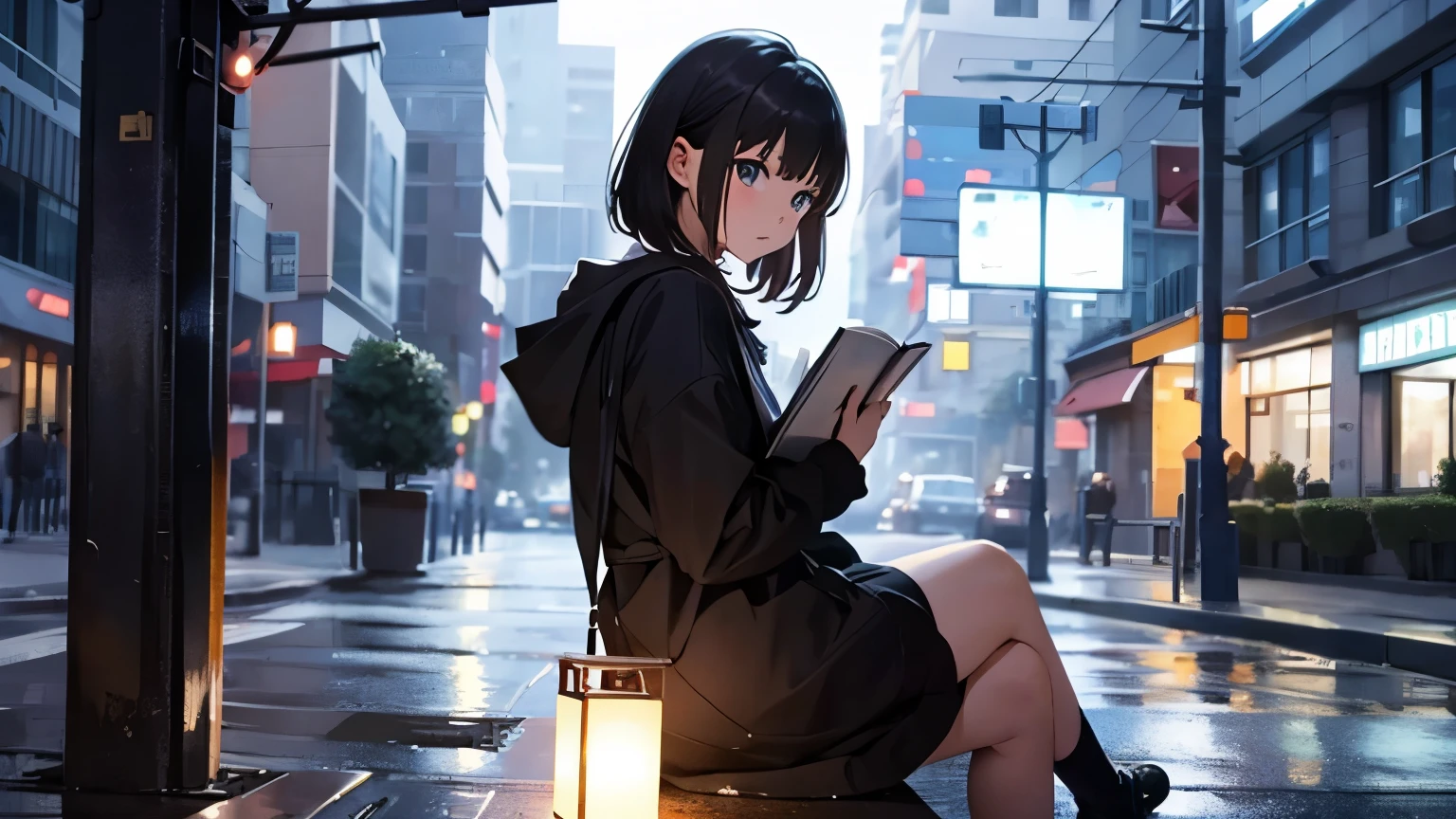 Tabletop, highest quality, High resolution,In a light storm、Anime girl sitting on the roadside ,Street lamp,Dead tree inspired by miwo ,Reading a book
