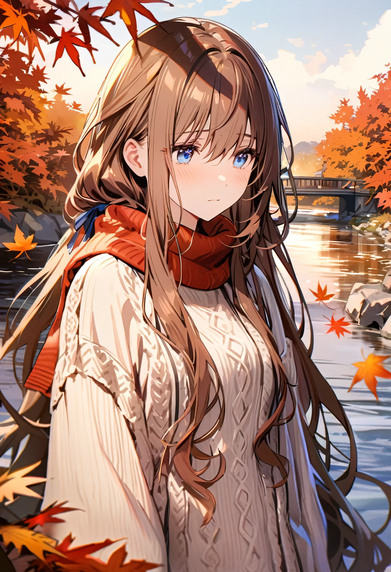 (masterpiece), highest quality, Super detailed, figure, Warm lighting, Soft lighting, Bright colors, 1 girl, alone,( beautiful girl, Long Hair, blue eyes, ribbon, Brown Hair, Hair between the eyes, hair ribbon, Side Lock, very Long Hair, Messy Hair,) , autumn, Lots of maple trees, maple leaf, Golden Leaf, autumn leaves, Dry leaves, river, Fresh air, peace, Cool breeze , Sweater Weather,( Wear a white or brown sweater, Red scarf, Melancholy autumn, Lost in Thought, melancholy, sad ,Worried, longing,)