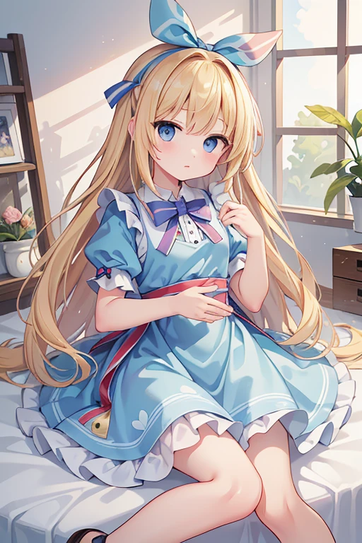 (Official Art、highest quality、unity 8k wallpaper、32k、masterpiece、Very detailed、超A high resolution)、Fantasy、((Alice in Wonderland))、1 female, ************、blonde、Long Hair、Blue colored eyes、Blue Apron Dress、Trump&#39;soldier、rabbit with a clock、Red Rose、White Rose、(Gingerbread_House:1.8)、Stand in front of the house