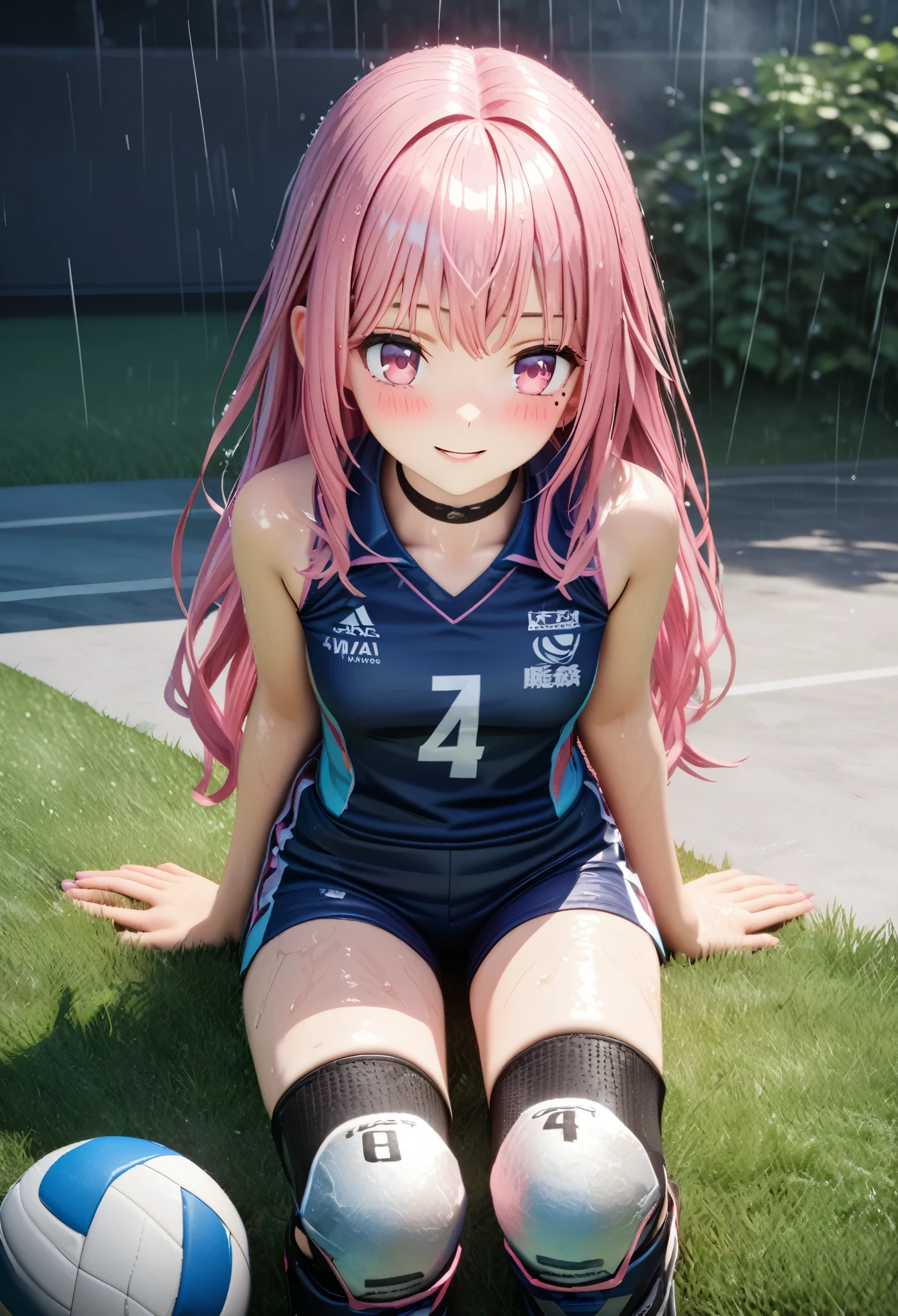 masterpiece, best quality, highly detailed, high resolution, expensive solution, high resolution, 4k, 8k, Unity 8k wallpaper, highly detailed CG, masterpiece, 2d, 3d, beautiful details, depth, fine texture, best quality: 1.3, total concentration, transparent skin, him, very cute anime girl, expensive pink long hair, one girl, volleyball uniform, knee pads on knees, volleyball shoes, on the grass in the schoolyard, it was raining heavily and she was soaking wet. The volleyball uniform was see-through, her hair was soaking wet, smiling long pink hair, full body, on the grass in the schoolyard, heavy rain, mole under eye, gaze, expensive, blush, lips parted, heart, pink eyes, choker