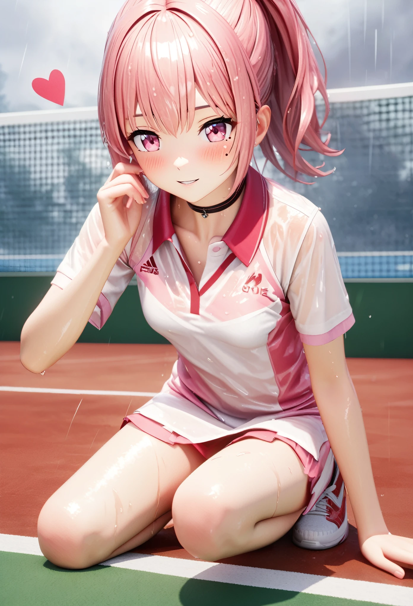 masterpiece, best quality, highly detailed, high resolution, expensive solution, high resolution, 4k, 8k, Unity 8k wallpaper, highly detailed CG, masterpiece, 2d, 3d, beautiful details, depth, fine texture, best quality: 1.3, total concentration, transparent skin, him, very cute anime girl, expensive pink ponytail girl, alone girl, tennis uniform, tennis shoes, tennis court, it was raining heavily and she was soaking wet. The tennis uniform was see-through and her hair was soaking wet, smiling ponytail girl, full body, tennis court, heavy rain, mole under eye, gaze, expensive, blush, parted lips, heart, pink eyes, choker
