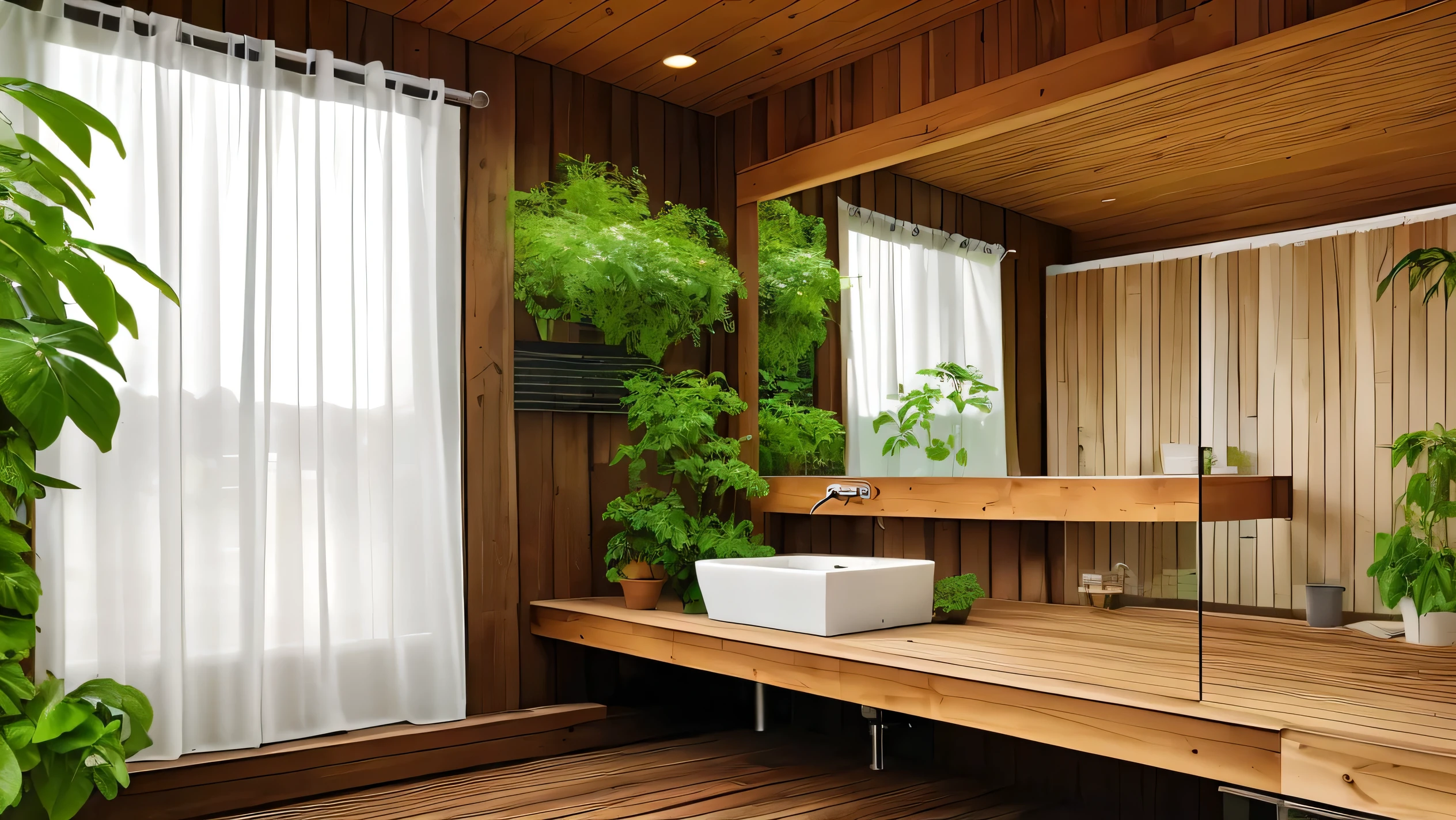 Create a descriptive passage about an American-style bathroom with a natural wood deck, white walls, green curtains, and a high-quality, precision-crafted wooden deck that reflects the morning sunlight and has a poster with beautiful plants. Please provide a detailed description with a 16k resolution. Include towels and any other relevant features." This modified prompt clarifies the following: 1. The style is American-style 2. The bathroom features a natural wood deck 3. The walls are white 4. The curtains are green 5. The deck has a poster with beautiful plants 6. The description should be at 16k resolution 7. The passage should include towels and other relevant features By using specific keywords, phrases, and details