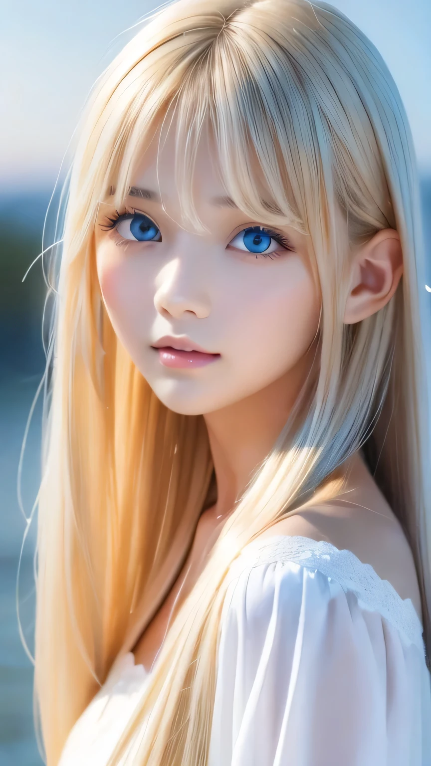 A perfectly beautiful face、Super long messy silky beautiful blonde、Beautiful cute girl 15 years old、Sexy and very beautiful cute face、Beautiful cute sexy bright pale sky blue big eyes、Long beautiful bangs、Very super long beautiful blonde shiny silky hair、Very white skin、Cheek gloss、Glossy Skin、eyeliner、A peerless beauty、Hair above the eyes、片Hair above the eyes、Hair between the eyes、