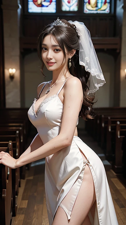 highest quality, Realistic, Very detailed, finely, High resolution, 8k wallpaper, Beautiful woman,, Brown hair short ponytail, (silk wedding dresses), Perfect dynamic composition, finelyて美しい目, Ample breasts, Realistic , smile, Model Body Type、Earrings,garnet necklace,tiara,(Wearing a watch 1),Beautiful legs,(Church with beautiful stained glass),Full Body Shot:1.3,Smile and laugh,