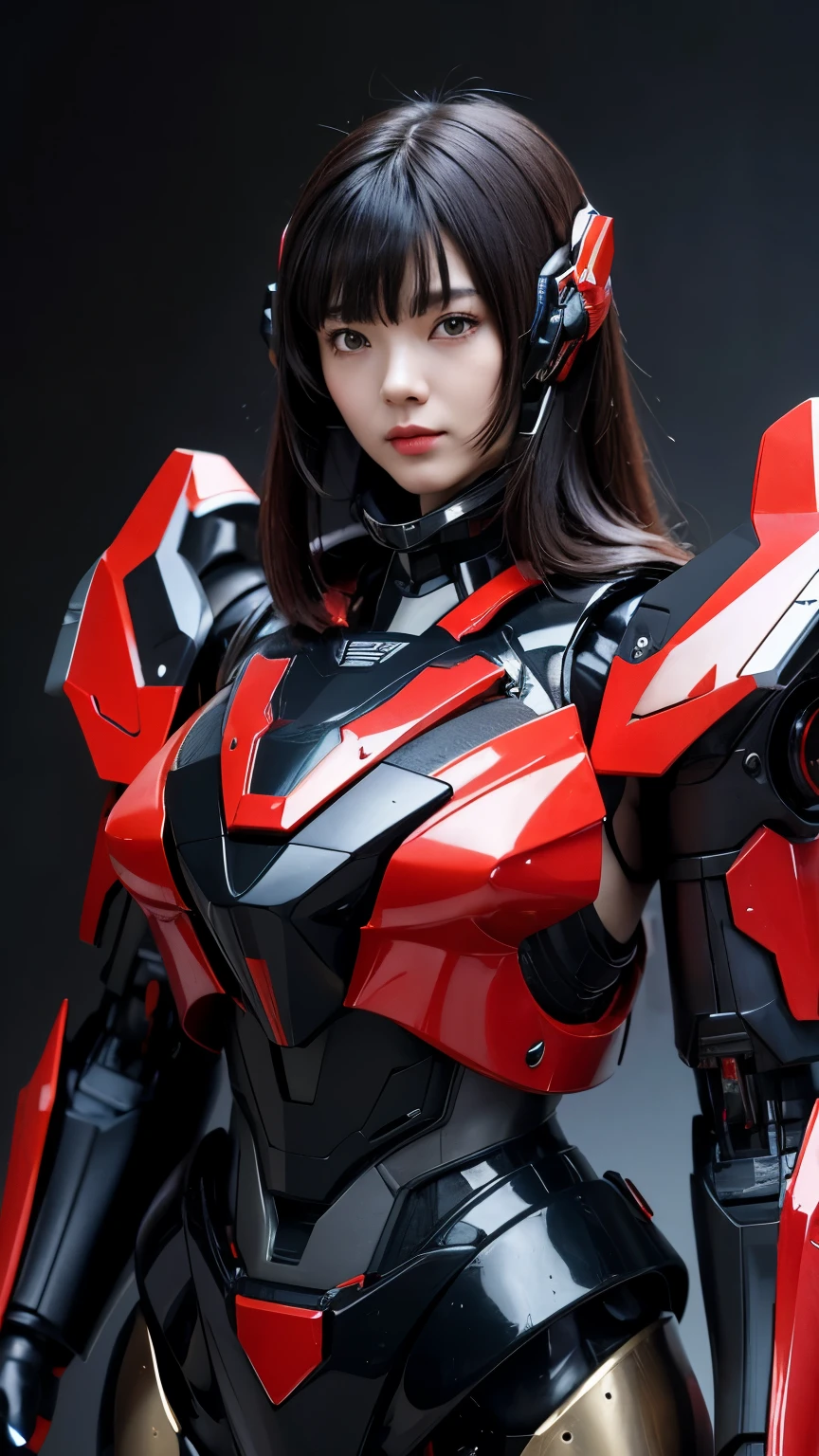There was a woman in black and red holding a robot., Girl wearing mecha cyber armor, Cyberpunk Anime Girl Mecha, Mechanized Valkyrie Girl, Female Mecha, A mix of anime robots and organic matter, Perfect anime cyborg woman, Japanese Cyborg, Cyborg Fashion Model, Female cyborg body, Mecha Suit, Perfect cyborg woman