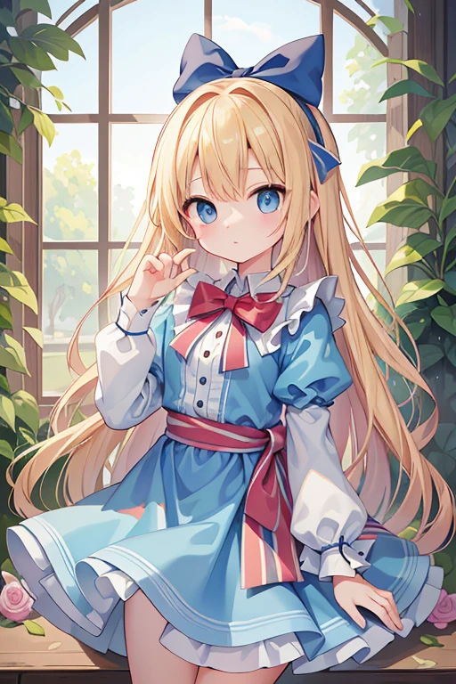 (Official Art、highest quality、unity 8k wallpaper、32k、masterpiece、Very detailed、超A high resolution)、Fantasy、((Alice in Wonderland))、1 female, ************、blonde、Long Hair、Blue colored eyes、Blue Apron Dress、Trump&#39;soldier、rabbit with a clock、Red Rose、White Rose、(Gingerbread_House:1.8)、Stand in front of the house