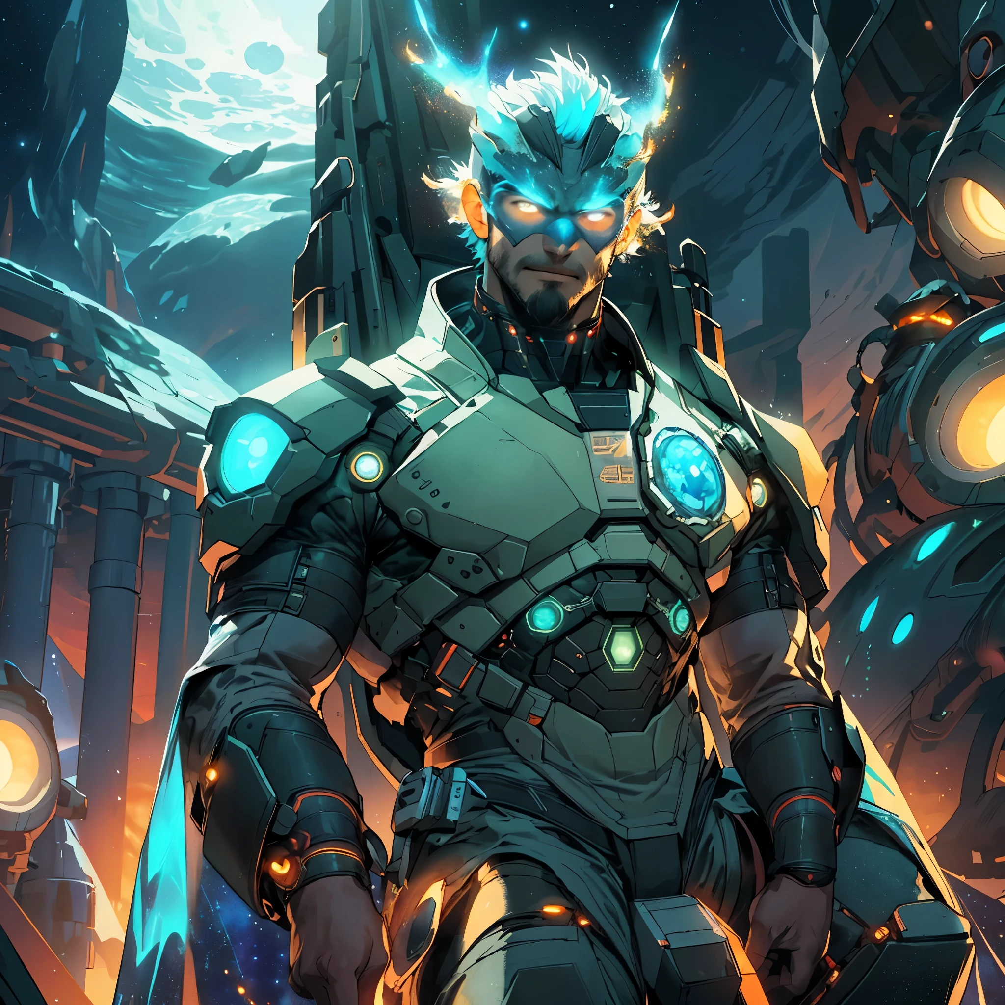 Draw a young programmer, sitting on a research platform floating in the middle of an asteroid belt. He is studying with a notebook, surrounded by several asteroids glowing with fiery auras. Dramatic lighting from distant stars and planets illuminates the scene, casting deep shadows on the suit. The young man looks confident and determined, looking at the vast and mysterious universe with wonder and respect,facial hair, cowboy shot,
