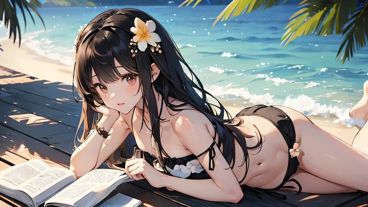 girl１people,highest quality, High resolution,thin、(delicate:1.4)、Brown eyes、expensive、7 Class-large、Black Hair、Long Hair,Straight hair、Straight hair、Ocean、(Black bandeau bikini:1.4),Gal、(Flower Hair Ornaments:1.4),cute、Shyness,Reading a book
