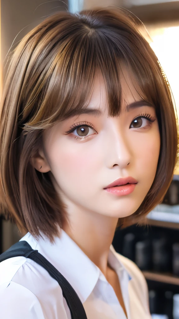 Best quality, 8k, ,Masterpiece :1.3)), facing viewer,((full body1.2)) ,pretty woman, wide shot ,1girl, , selfie , , Hair salon, brown hair , bangs,ultra-detailed face, highly detailed lips, detailed eyes, double eyelid