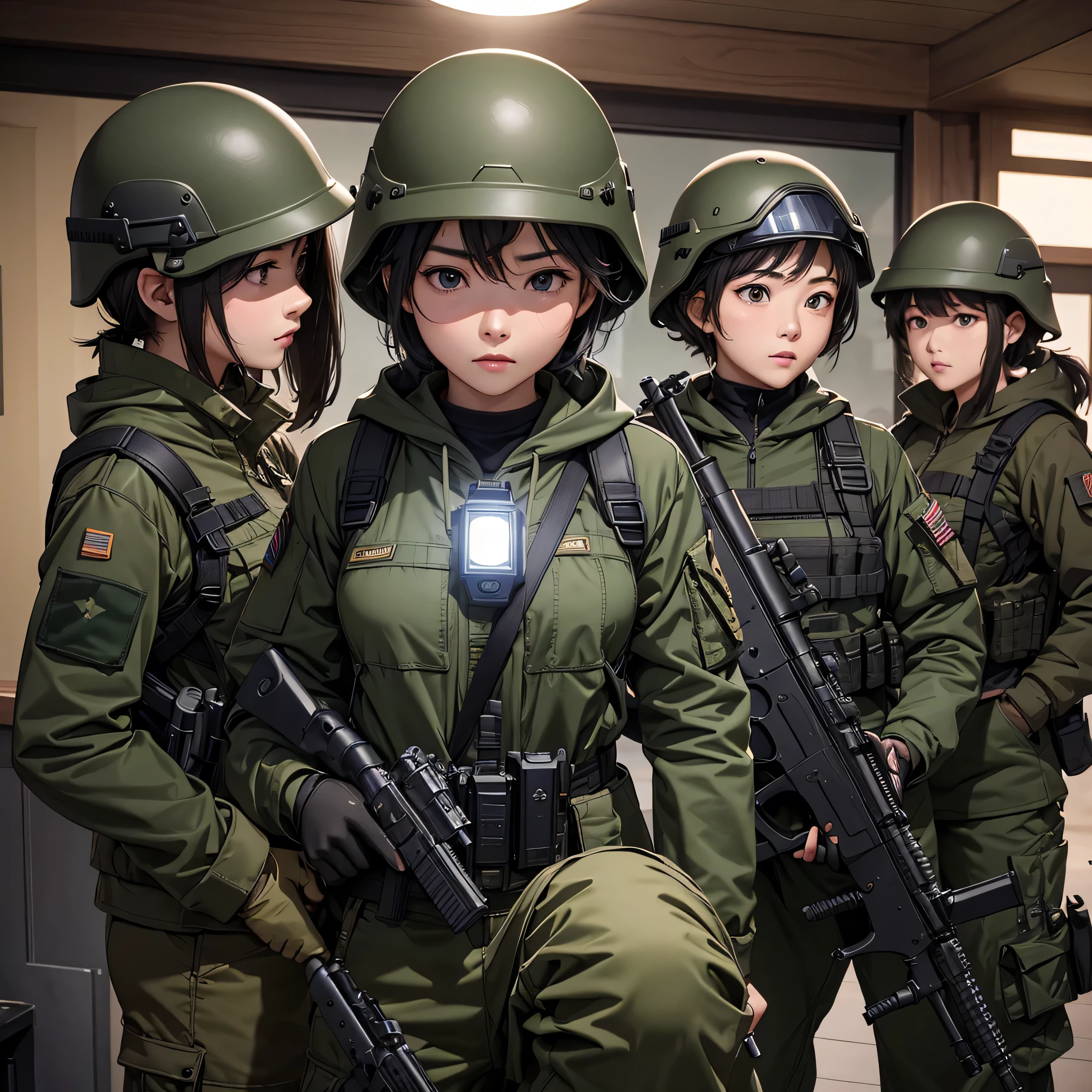 Three female soldiers，Wearing a special forces helmet，All wear dark green combat uniforms、wearing hoodie、Frontal close up、Stand in a row、Gun in hand、military trousers、Magazine Pouch、Tactical harness、Elbow pads，Knee pads，Tactical Holster、Military base gate，Write details、masterpiece、best quality、Highly detailed CG、8K picture quality、theater lighting、lens flare