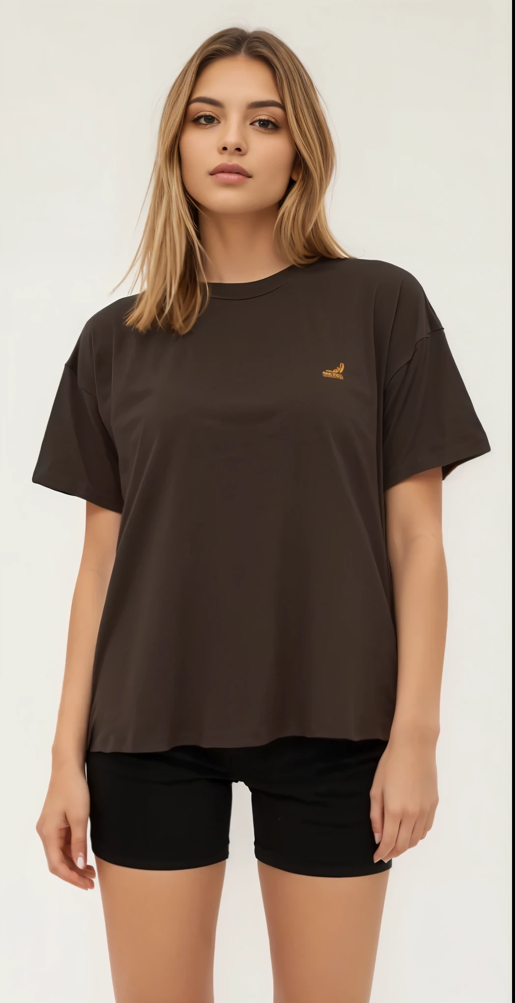 a woman in a camisa marrom and black shorts stands in front of a white background, camisa marrom, camiseta preta, roupas marrons, marrom mudo, Camiseta, camiseta, manga larga cropped, black Camiseta, black camiseta, corte redondo, mulher baixa e robusta, Marrom escuro, vestindo camiseta preta, wearing a black Camiseta