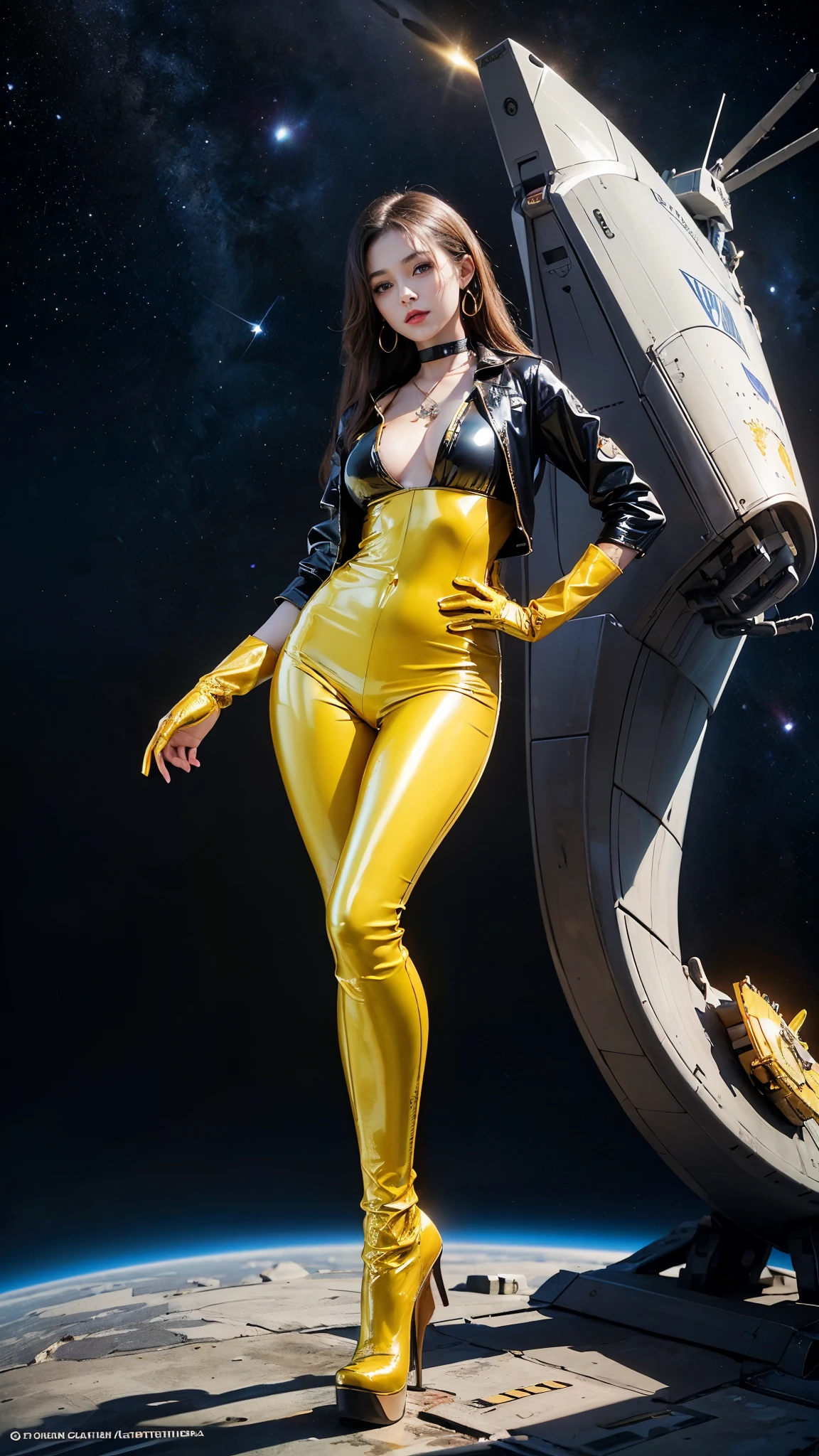 ((masterpiece:1.4)、(highest quality:1.4)、(Realistic:1.7))、Masterpiece:1.4、(Top-notch rendering:1.4)、(Yuki, the beautiful navigator of the Space Battleship Hikari:1.4)、Super Beauty航海士Yuki、(By Luis Royo:1.4)、(A uniform that accentuates your beautiful figure:1.2)、(Futuristic sci-fi battle fashion:1.2)、(Street Style Wear)、(Tight Fit Pants)、(Shiny luxury latex:1.4)、(Luxury yellow latex:1.4)、19 years old、(Cute Tattoos:1.4)、(Wearing yellow gloves)、Cute Girl、Super Beauty、(Seductive pose)、Sharp Focus、Portrait Photography:1.4、8k、Photorealistic images:1.4、(Perfect female body:1.4)、Perfect proportions、(Standing:1.4)、(Full body photography:1.4)、Beautiful Face、Fearless look、Beautiful Eyes、(A girl with a beautiful body and slender abdominal muscles)、(Narrow waist:1.4)、(9-body proportions beautiful girl:1.4)、(A beautiful girl with long legs and a good figure:1.4)、Beautiful feet:1.2、(Long Hair:1.2)、Heavy makeup、Eyeshadow、Glow Eye、Glow Lip、Beautiful breasts、Large Breasts:1.2、sexy ass、(Standing facing forward:1.4)、Raw photo、Red lips、Yellow high heels:1.4、choker:1.4、necklace:1.4、Earrings:1.4、1 Screen Display:1.4、Space Battleship Hikari's bridge:1.2
