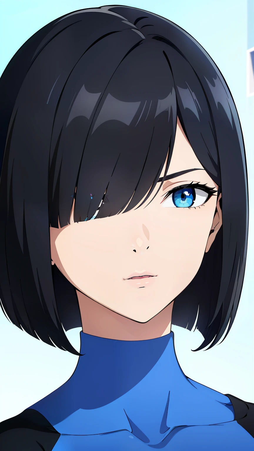 (best quality:1.5, highres, UHD, 4K, detailed lighting, shaders), black hair, bob cut, hair covering one eye, cool woman, cool girl, Slender Eyes,, blue eyes, beautiful, simple background, workout