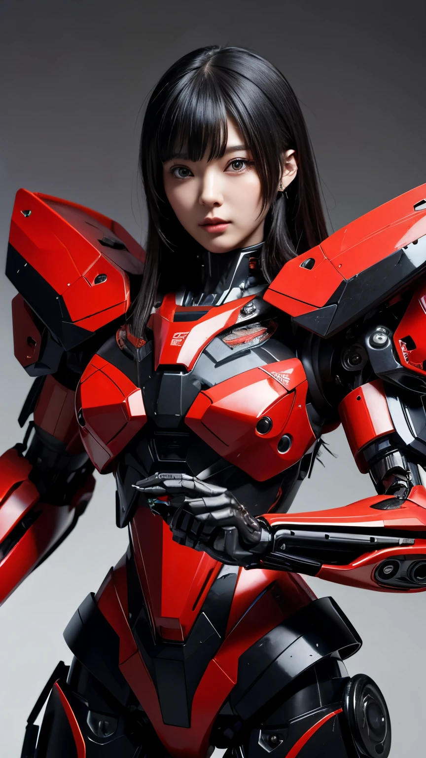 There was a woman in black and red holding a robot., Girl wearing mecha cyber armor, Cyberpunk Anime Girl Mecha, Mechanized Valkyrie Girl, Female Mecha, A mix of anime robots and organic matter, Perfect anime cyborg woman, Japanese Cyborg, Cyborg Fashion Model, Female cyborg body, Mecha Suit, Perfect cyborg woman