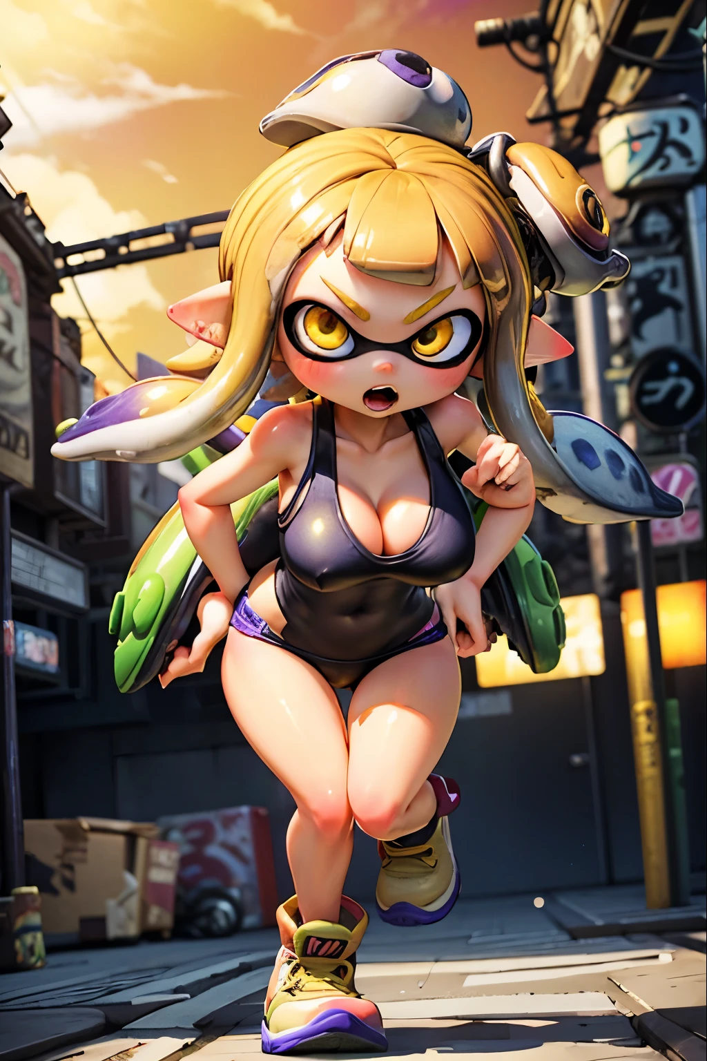 masterpiece、highest quality、3D、Real Anime、Splatoon Girl、((Run at super speed with perspective))、cool、Big Breasts、slender、Golden tentacle hair、Sharp Eye、Glaring eyes、Golden Eyes、Open your mouth、Cleavage、Distorted background with speed、Twisted City、