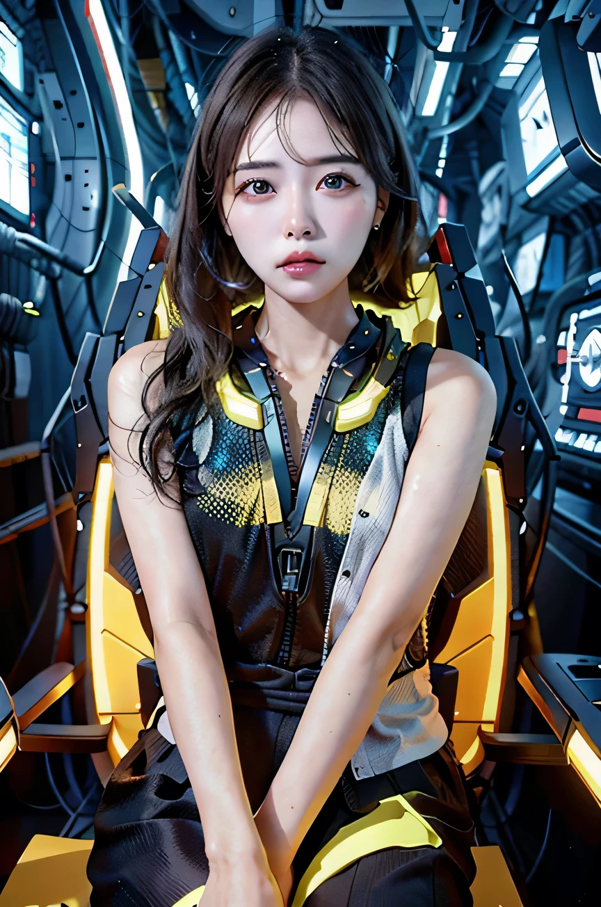 masterpiece, Ultra-high-definition CG, highest quality, Perfect photo, alone,Genuine skin texture,A high-resolution image of a young woman dressed in a traditional Japanese kimono, sitting inside a futuristic, high-tech machine. The setting has a cyberpunk feel, with neon lights and advanced technology surrounding her. The image should appear very realistic, making viewers question whether it is AI-generated or a real photograph. 8K