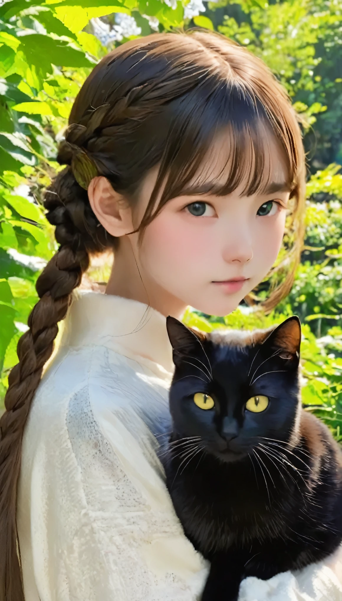 highest quality、Black catを抱く女の子、Cute 14 year old girl、Bun hair with brown hair tied、Black cat、natureな見た目、Long Shot、nature