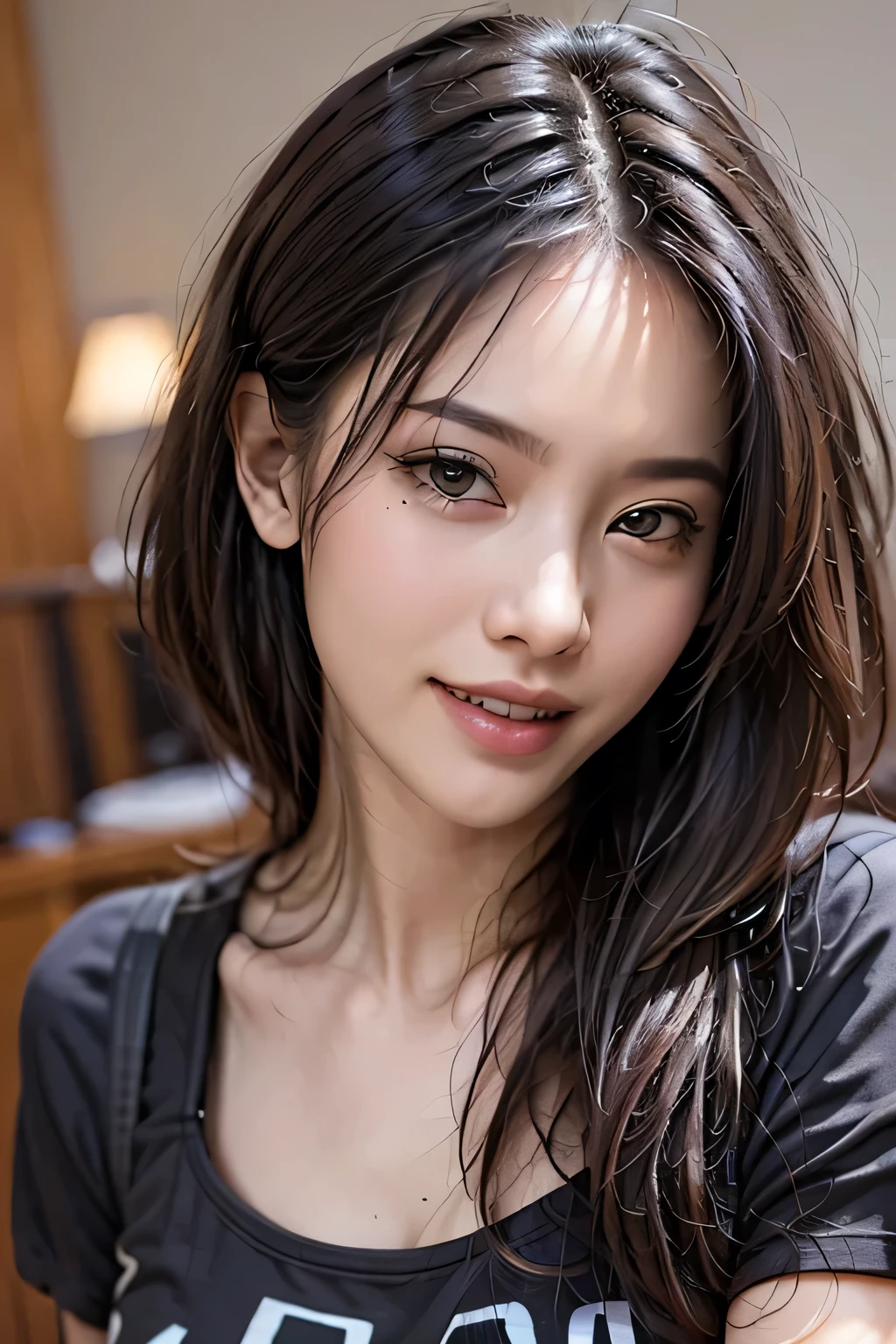 (8k, RAW Photos, highest quality, masterpiece, Realistic, Realistic), (1 female), (The ultimate beautiful Japanese mature), Highly detailed face, (Perfect Teeth), Beautiful Eyes, double eyelid, eyelash, ((smile)), Lip details, (Neat brunette bob), The light shines on your face, (Big Breasts), ((Black T-shirt)), (Upper Body), ((background: none))