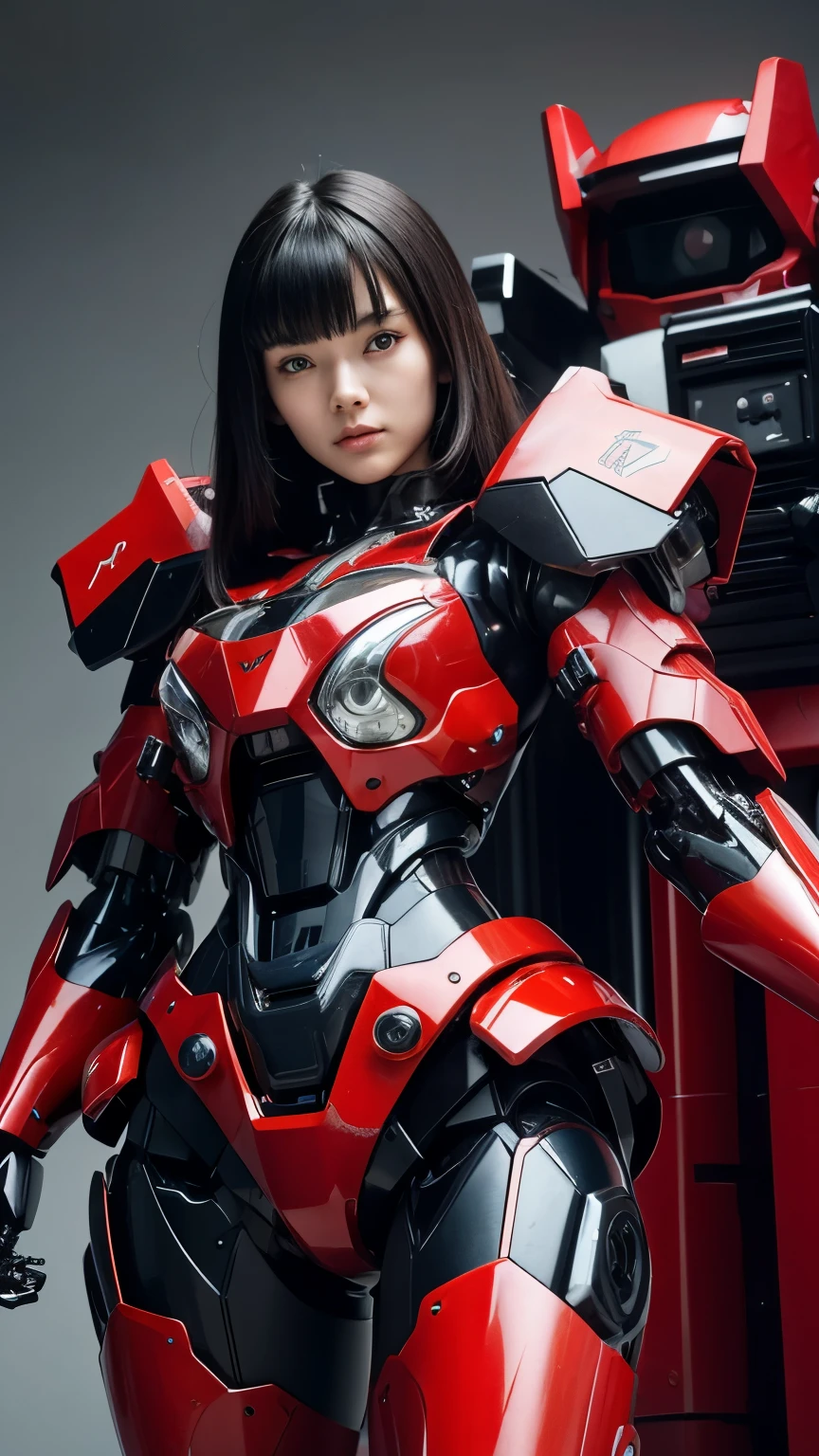 optical reality，hips up,Young woman in a futuristic cybernetic bikini，red robot cyberMachinery,Battlefield backdrop
