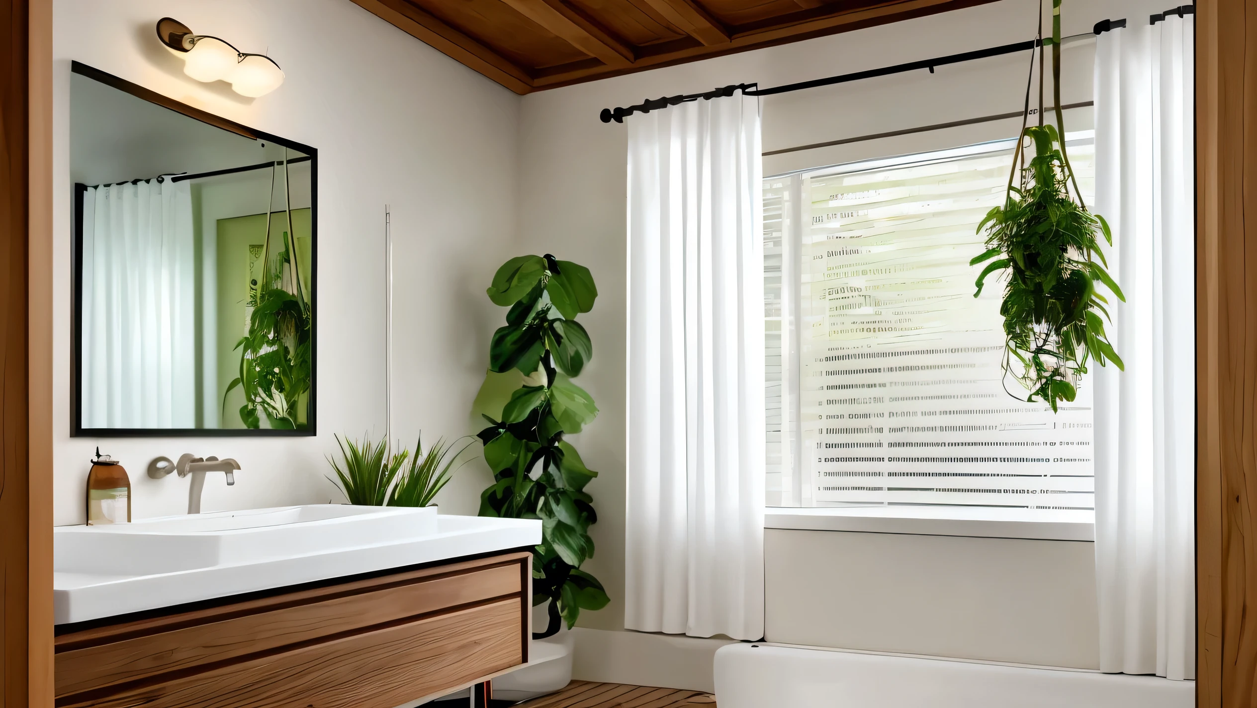 Create a descriptive passage about an American-style bathroom with a natural wood deck, white walls, green curtains, and a high-quality, precision-crafted wooden deck that reflects the morning sunlight and has a poster with beautiful plants. Please provide a detailed description with a 16k resolution. Include towels and any other relevant features." This modified prompt clarifies the following: 1. The style is American-style 2. The bathroom features a natural wood deck 3. The walls are white 4. The curtains are green 5. The deck has a poster with beautiful plants 6. The description should be at 16k resolution 7. The passage should include towels and other relevant features By using specific keywords, phrases, and details