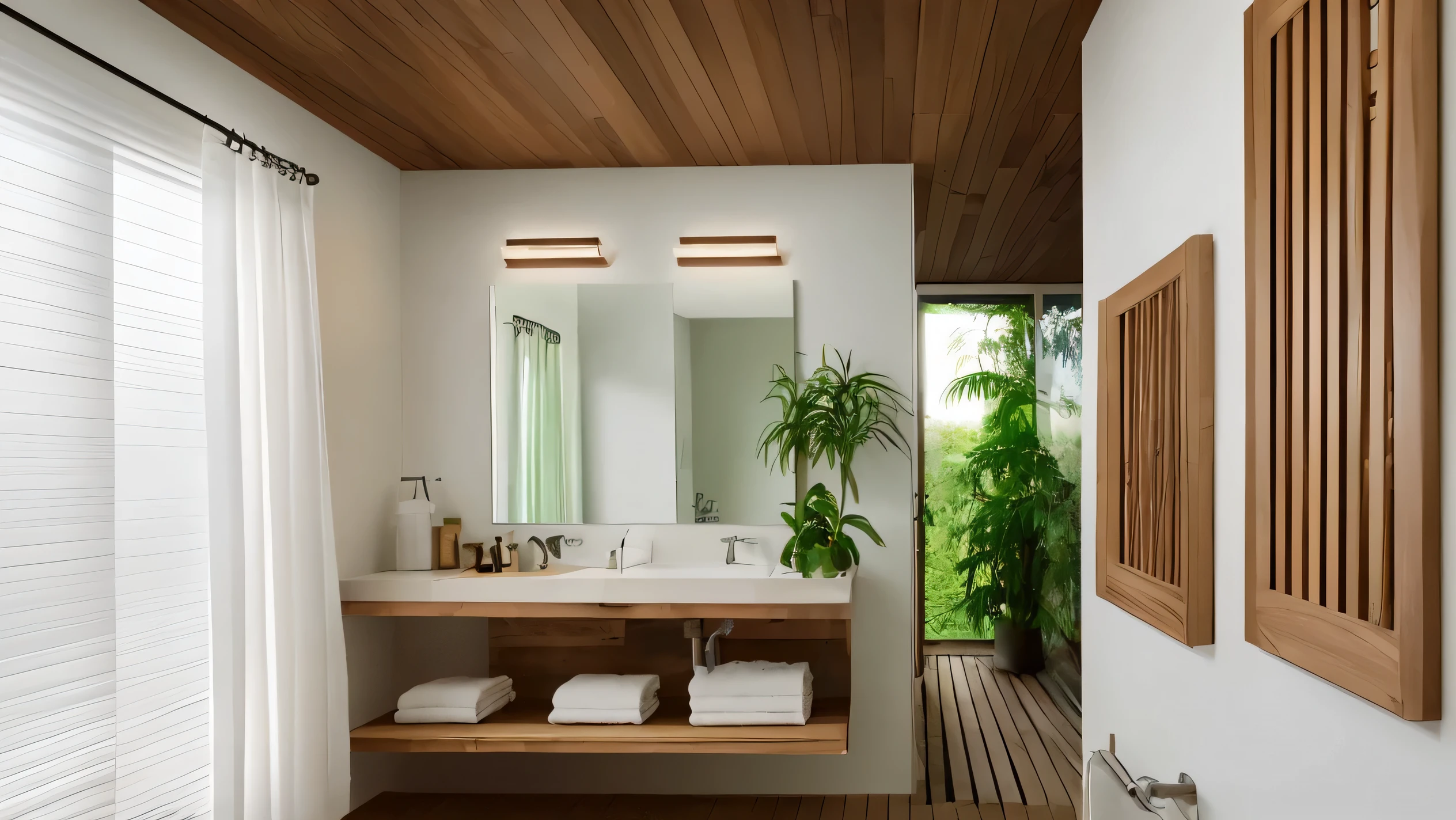 Create a descriptive passage about an American-style bathroom with a natural wood deck, white walls, green curtains, and a high-quality, precision-crafted wooden deck that reflects the morning sunlight and has a poster with beautiful plants. Please provide a detailed description with a 16k resolution. Include towels and any other relevant features." This modified prompt clarifies the following: 1. The style is American-style 2. The bathroom features a natural wood deck 3. The walls are white 4. The curtains are green 5. The deck has a poster with beautiful plants 6. The description should be at 16k resolution 7. The passage should include towels and other relevant features By using specific keywords, phrases, and details