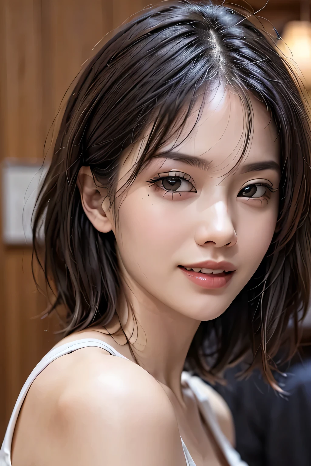 (8k, RAW Photos, highest quality, masterpiece, Realistic, Realistic), (1 female), (The ultimate beautiful Japanese mature), Highly detailed face, (Perfect Teeth), Beautiful Eyes, double eyelid, eyelash, ((smile)), Lip details, (Neat brunette bob), The light shines on your face, (Big Breasts), ((Black T-shirt)), (Upper Body), ((background: none))