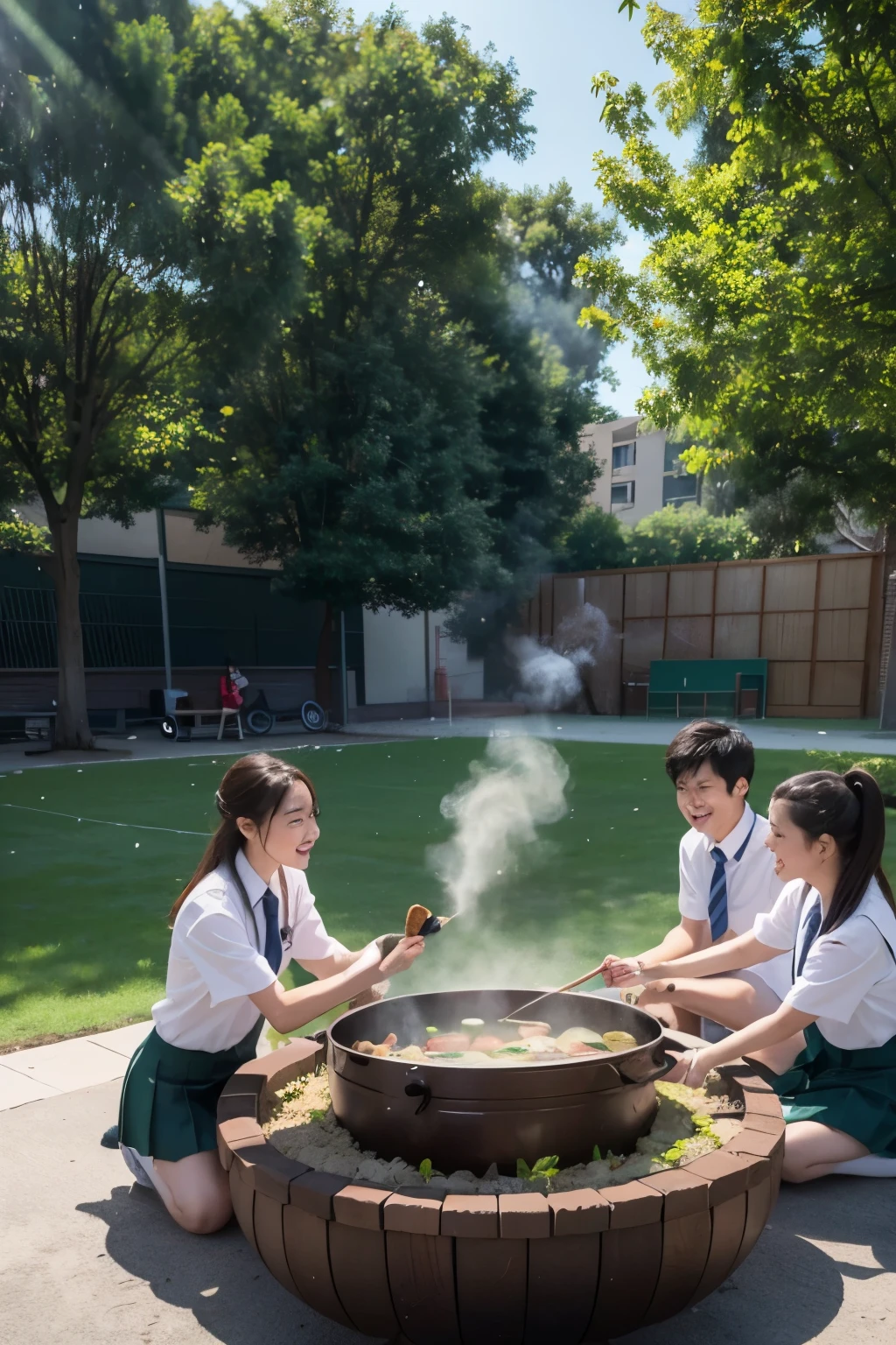 The background uses the campus playground scene,There are green grass and running tracks。 Put a picture of a steaming hot pot in the middle of the picture。 The image of several students happily eating hot pot surrounded by,Men have,Wearing school uniform。 Write "Special Student Hot Pot Package" and the specific discount content,Highlight with different color and larger font。