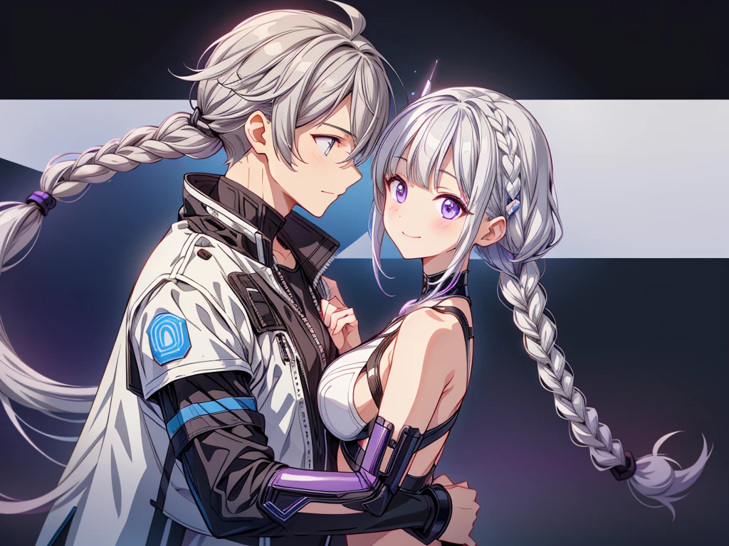 The best quality of smiling at each other with their foreheads touching、Masterpiece、Official Art、cg、The best composition、Man and woman couple hugging、girl（Milky white and purple long hair｜Double braid｜White and black diamond-shaped hair clips on both sides｜Black Cyberpunk）boy（Gray and blue gradient short hair｜Cyberpunk Blue）、The two of them are looking at each other and smiling