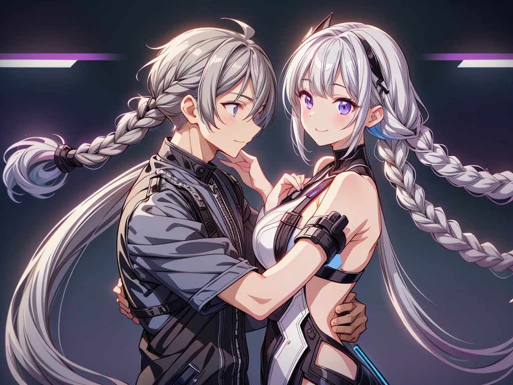 The best quality of smiling at each other with their foreheads touching、Masterpiece、Official Art、cg、The best composition、Man and woman couple hugging、girl（Milky white and purple long hair｜Double braid｜White and black diamond-shaped hair clips on both sides｜Black Cyberpunk）boy（Gray and blue gradient short hair｜Cyberpunk Blue）、The two of them are looking at each other and smiling