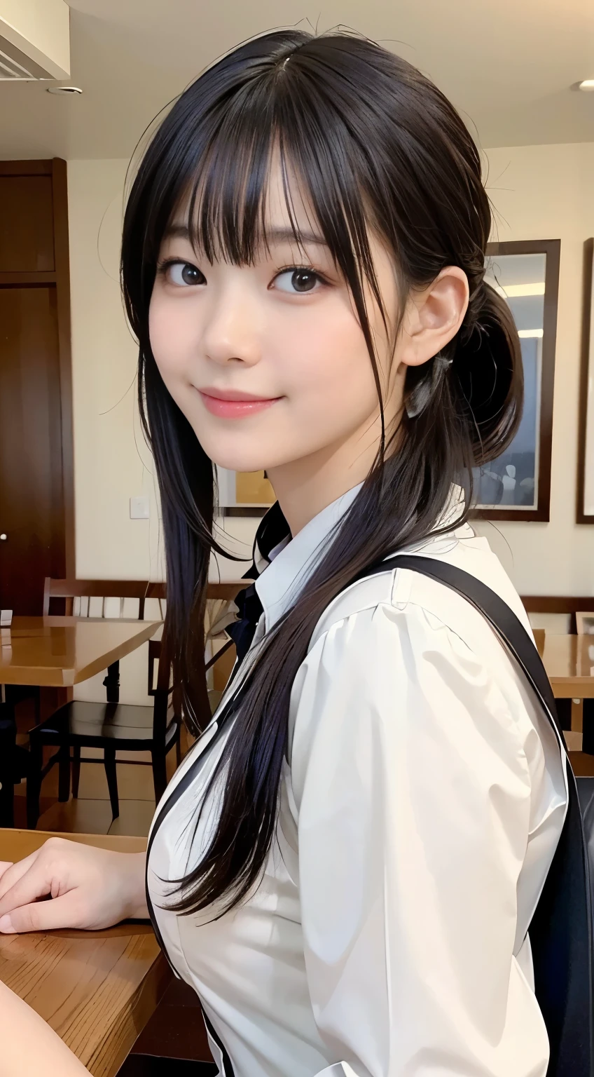 (highest quality,masterpiece:1.3,Ultra-high resolution,),(Very detailed,Caustics),(Realistic:1.4,RAW shooting,)Ultra-Realistic Capture,Very detailed,High resolution 16K human skin closeup。 Natural skin texture、,pores、、、、It must be detailed enough to be easily identifiable。 Skin tone is even and healthy looking。 Use natural light and color,restaurant,Waitress Uniform,1 girl,Japanese,18-year-old,cute,Black-haired,ponytail,Big Breasts,smile,Turn your body forward,(Front view:1.1),Looking into the camera,Cowboy Shot,