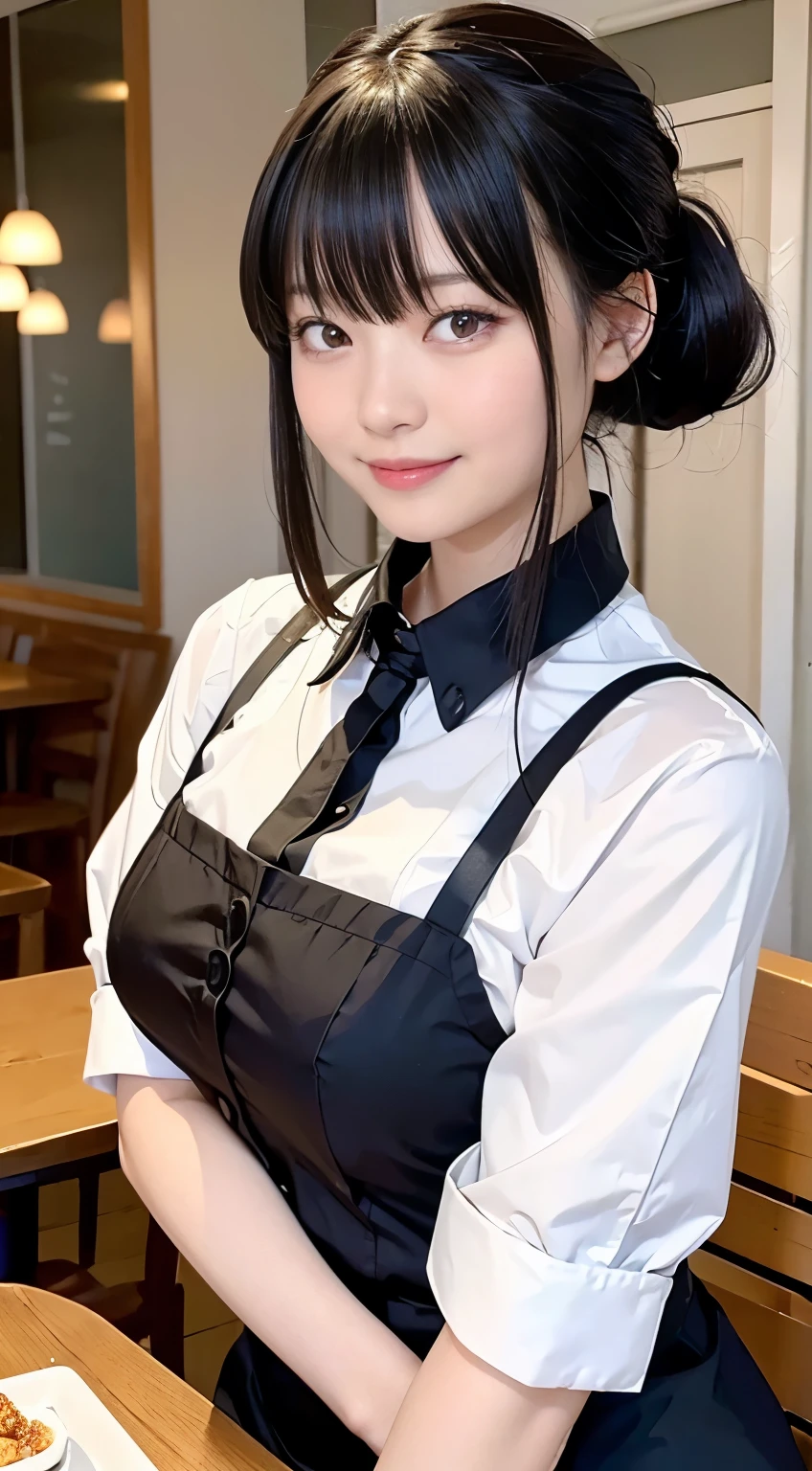 (highest quality,masterpiece:1.3,Ultra-high resolution,),(Very detailed,Caustics),(Realistic:1.4,RAW shooting,)Ultra-Realistic Capture,Very detailed,High resolution 16K human skin closeup。 Natural skin texture、,pores、、、、It must be detailed enough to be easily identifiable。 Skin tone is even and healthy looking。 Use natural light and color,restaurant,Waitress Uniform,1 girl,Japanese,18-year-old,cute,Black-haired,ponytail,Big Breasts,smile,Turn your body forward,(Front view:1.1),Looking into the camera,Cowboy Shot,