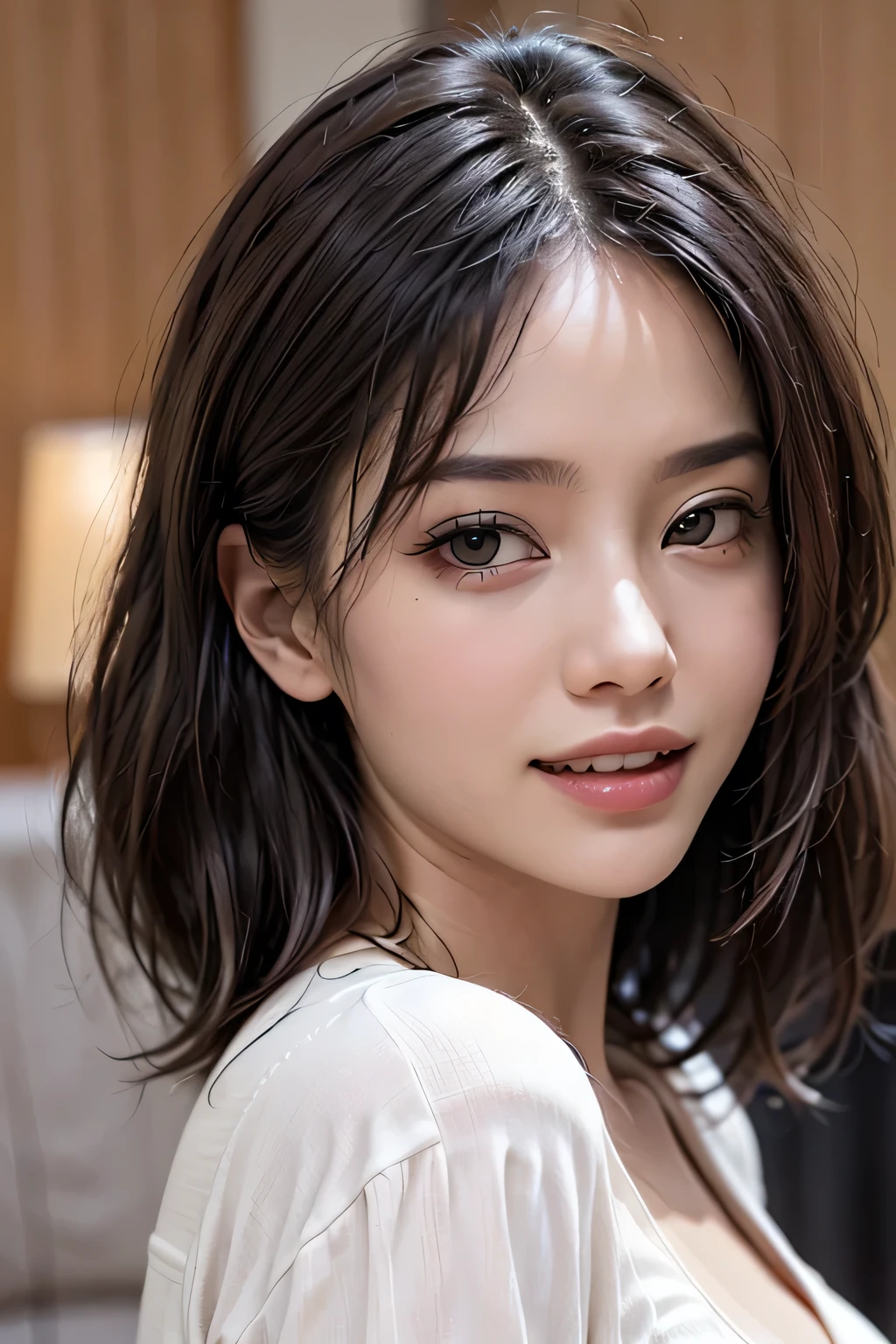 (8k, RAW Photos, highest quality, masterpiece, Realistic, Realistic), (1 female), (The ultimate beautiful Japanese mature), Highly detailed face, (Perfect Teeth), Beautiful Eyes, double eyelid, eyelash, ((smile)), Lip details, (Neat brunette bob), The light shines on your face, (Big Breasts), ((T-Shirts)), (Upper Body), ((background: none))