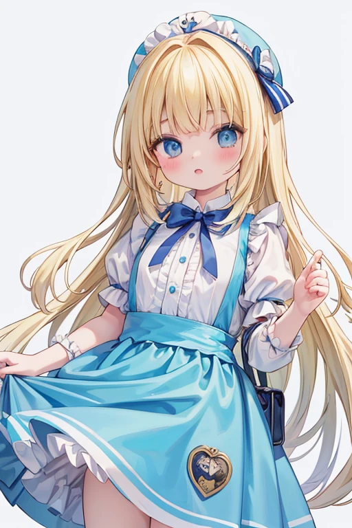 (Official Art、highest quality、unity 8k wallpaper、32k、masterpiece、Very detailed、超A high resolution)、Fantasy、((Alice in Wonderland))、1 female, 12 years old、blonde、Long Hair、Blue colored eyes、Blue Apron Dress、Trump'soldier、rabbit with a clock、Red Rose、White Rose、Stand in front of the house