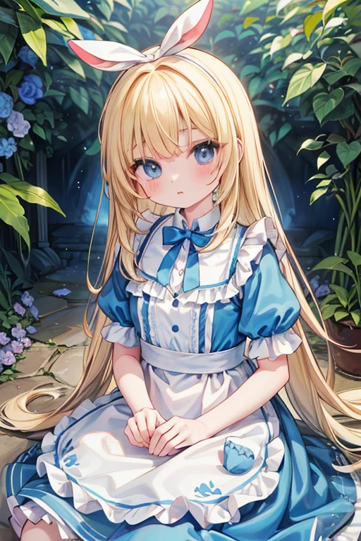 (Official Art、highest quality、unity 8k wallpaper、32k、masterpiece、Very detailed、超A high resolution)、Fantasy、((Alice in Wonderland))、1 female, 12 years old、blonde、Long Hair、Blue colored eyes、Blue Apron Dress、Trump&#39;soldier、rabbit with a clock、Red Rose、White Rose、Stand in front of the house