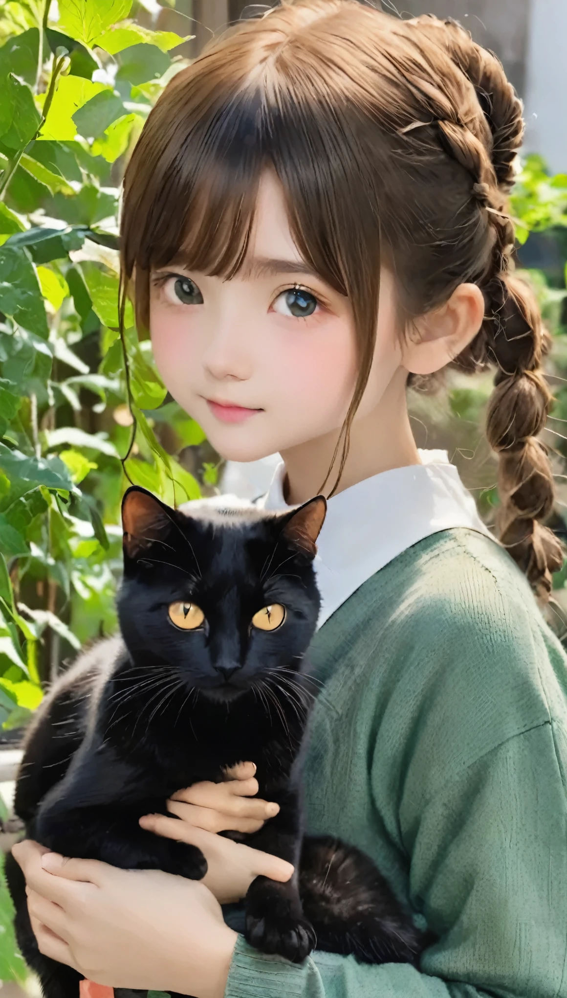 highest quality、Black catを抱く女の子、Cute  girl、Bun hair with brown hair tied、Black cat、Natural look、Long Shot、Natural light