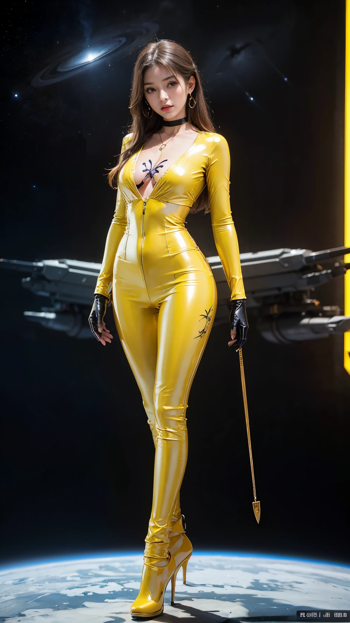 ((masterpiece:1.4)、(highest quality:1.4)、(Realistic:1.7))、Masterpiece:1.4、(Top-notch rendering:1.4)、(Yuki, the beautiful navigator of the Space Battleship Hikari:1.4)、Super Beauty航海士Yuki、(By Luis Royo:1.4)、(A uniform that accentuates your beautiful figure:1.2)、(Futuristic sci-fi battle fashion:1.2)、(Street Style Wear)、(Tight Fit Pants)、(Shiny luxury latex:1.4)、(Luxury yellow latex:1.4)、19 years old、(Cute Tattoos:1.4)、(Wearing yellow gloves)、Cute Girl、Super Beauty、(Seductive pose)、Sharp Focus、Portrait Photography:1.4、8k、Photorealistic images:1.4、(Perfect female body:1.4)、Perfect proportions、(Standing:1.4)、(Full body photography:1.4)、Beautiful Face、Fearless look、Beautiful Eyes、(A girl with a beautiful body and slender abdominal muscles)、(Narrow waist:1.4)、(9-body proportions beautiful girl:1.4)、(A beautiful girl with long legs and a good figure:1.4)、Beautiful feet:1.2、(Long Hair:1.2)、Heavy makeup、Eyeshadow、Glow Eye、Glow Lip、Beautiful breasts、Large Breasts:1.2、sexy ass、(Standing facing forward:1.4)、Raw photo、Red lips、Yellow high heels:1.4、choker:1.4、necklace:1.4、Earrings:1.4、1 Screen Display:1.4、Space Battleship Hikari's bridge:1.2