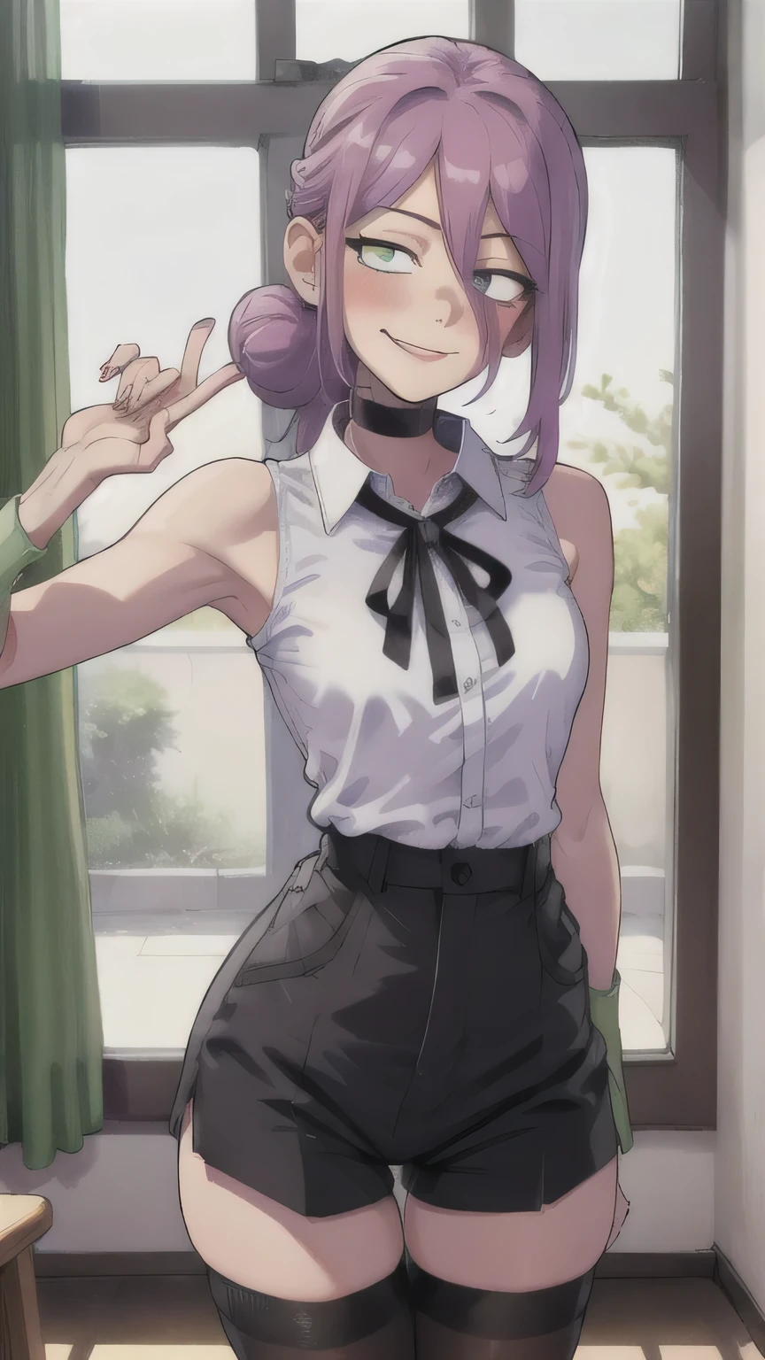 violet, violet hair, hair between eyes, green eyes, shirt, ((white shirt)), tie, black tie, flower, white flower, flowers in hand, (Best quality:1.0), (ultra high resolution:1.0), head focus, selfie, 1 girl, very thin, detailed beautiful skin, pink on face,(blush), young girl, silver ring, cause upheaval, black shorts, black tights, tights, school, sort, sort background, medium breasts, Cute, Cute face, sweet, sweet smile, warm light