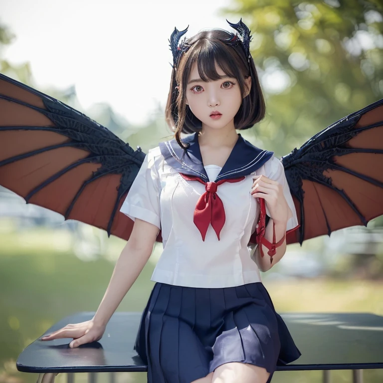 (((On the table、Top quality)))((1 、Wearing a sailor suit、School sailor uniform、Perfect sailor suit、Red ribbon、Navy skirt))、((Huge and intricate demon wings,The texture of the wings is very delicate,The texture of the wings is very complex,Creature wings have very realistic textures,scary monster wings,Horrible and ugly wings、The scariest wings、Big Devil&#39;s Horn,big corner of reality,Creepy Horns,Very fine texture、Scary and ugly horns、((The background is the way to school、Stroll along the school route surrounded by nature、walking on the way to school))、8K,Ultra-high quality,The most beautiful idol face,Mature face、Stare into the camera and show your brightest smile、Beautiful face、Beautiful Teeth、Natural makeup、Natural bright light、short hair、Wavy Hair、优雅的Wavy Hair、(((Large Breasts)))Breast sagging、Low-cut(((Cleavage )))、(((Wide hips,)))(((Hourglass figure)))((Long legs)),Black Wings
