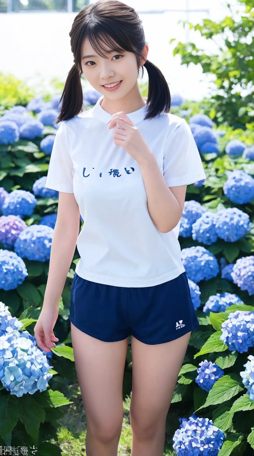 最high quality、high quality、Best image quality、8k,Japanese female students in gym clothes, Includes a white short-sleeved shirt and navy blue short bloomers,Bloomers are V-shaped、The base of the legs is visible、Thighs look good:1.2,Strong sweat and humidity, Her clothes are see-through、It clung tightly to her body,Her breasts are of a moderate size, The shape is slightly visible through the damp fabric,Twin tails:1.4,smile、最High resolution、High resolution、最high quality、masterpiece、RAW Photos、whole body写真、Detailed and realistic human body、Detailed and realistic skin、Realistic face in every detail、Detailed and realistic eyes、Detailed and realistic lips、Detailed and realistic teeth、Detailed and realistic ears、Detailed and realistic hair、Detailed and realistic weapons、Realistic reproduction of every detail、Realistic fingers in every detail、(Beautiful Hands、thumb１reference４)、Realistic feet down to the last detail、((Beautiful Japanese Woman))、(Japanese Model)、((21 year old beautiful woman))、(Black Hair)、(Straight hair)、((whole body))、(Slim and perfect figure)、(whole body光沢肌、Fair skin)、Detailed and realistic human body、Detailed and realistic skin、Realistic face in every detail、Detailed and realistic weapons、Realistic fingers in every detail、Detailed realistic feet、Soft natural light、A 360-degree view of hydrangea fields、((Standing in the middle of a hydrangea field(A girl surrounded by hydrangeas 360 degrees))、Poses to make your thighs look beautiful