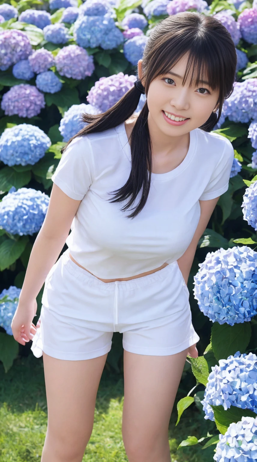 最high quality、high quality、Best image quality、8k,Japanese female students in gym clothes, Includes a white short-sleeved shirt and navy blue short bloomers,Bloomers are V-shaped、The base of the legs is visible、Thighs look good:1.2,Strong sweat and humidity, Her clothes are see-through、It clung tightly to her body,Her breasts are of a moderate size, The shape is slightly visible through the damp fabric,Twin tails:1.4,smile、最High resolution、High resolution、最high quality、masterpiece、RAW Photos、whole body写真、Detailed and realistic human body、Detailed and realistic skin、Realistic face in every detail、Detailed and realistic eyes、Detailed and realistic lips、Detailed and realistic teeth、Detailed and realistic ears、Detailed and realistic hair、Detailed and realistic weapons、Realistic reproduction of every detail、Realistic fingers in every detail、(Beautiful Hands、thumb１reference４)、Realistic feet down to the last detail、((Beautiful Japanese Woman))、(Japanese Model)、((21 year old beautiful woman))、(Black Hair)、(Straight hair)、((whole body))、(Slim and perfect figure)、(whole body光沢肌、Fair skin)、Detailed and realistic human body、Detailed and realistic skin、Realistic face in every detail、Detailed and realistic weapons、Realistic fingers in every detail、Detailed realistic feet、Soft natural light、A 360-degree view of hydrangea fields、((Standing in the middle of a hydrangea field(A girl surrounded by hydrangeas 360 degrees))、Poses to make your thighs look beautiful