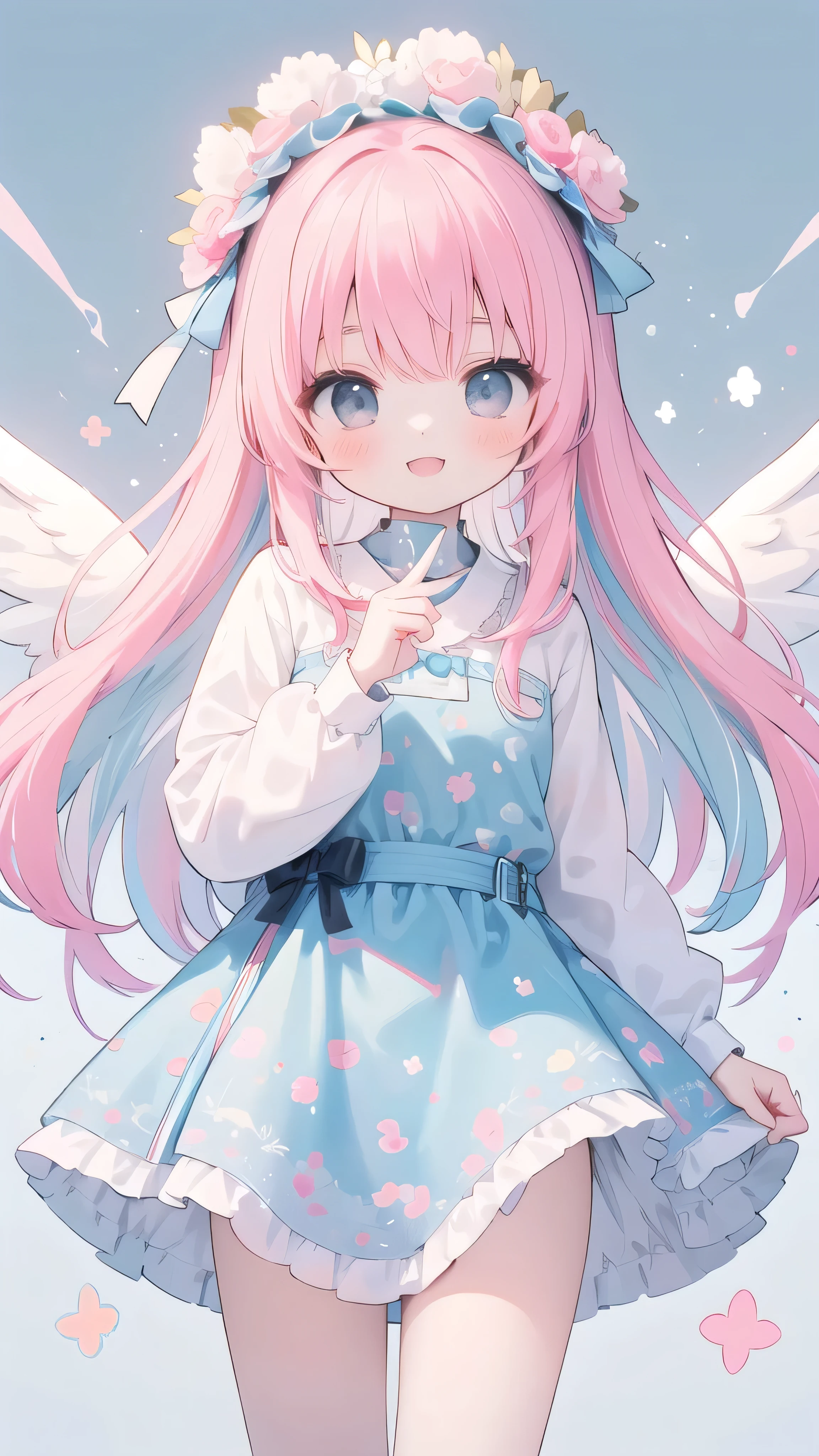 a masterpiece, high quality photo of a cute girl with long hair light blue and pink hair and a beautiful smile, viewer looks at her, she has black eyes and is wearing a light blue jersey, she has an angelic appearance, (masterpiece:1.2),(best quality:1.37),(1 girl),(long hair),(smile),(viewer looks),(blush:1.2),(cute),(1 girl),(black eyes),(white),(light blue jersey),(angel) (light blue and pink hair)