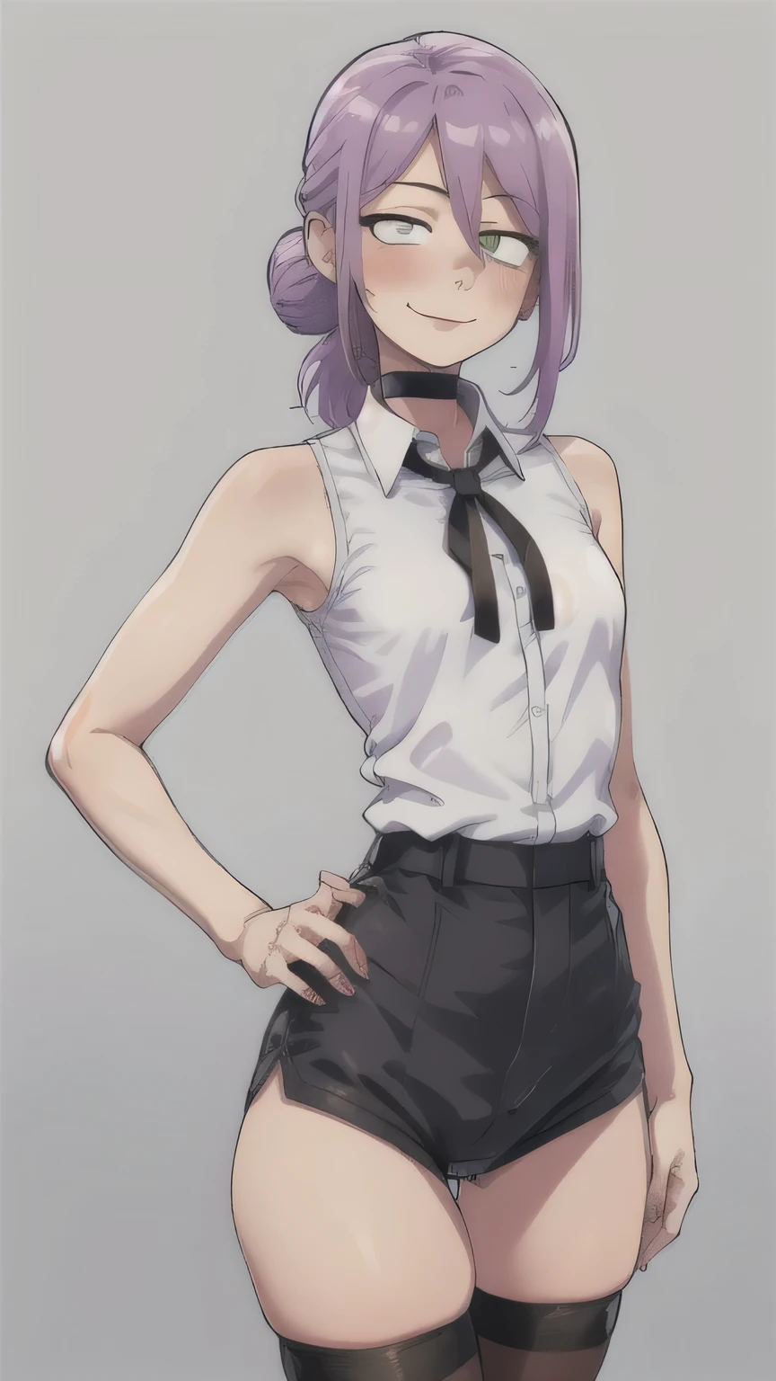 violet, violet hair,  hair between eyes, green eyes, shirt, ((white shirt)), tie, black tie, flower, white flower, flowers in hand, (Best quality:1.0), (ultra high resolution:1.0), head focus, selfie, 1 girl, very thin, detailed beautiful skin, pink on face,(blush), young girl, silver ring, cause upheaval, black shorts, black tights, tights, school, sort, sort background, medium breasts, Cute, Cute face, sweet, sweet smile, warm light, ass