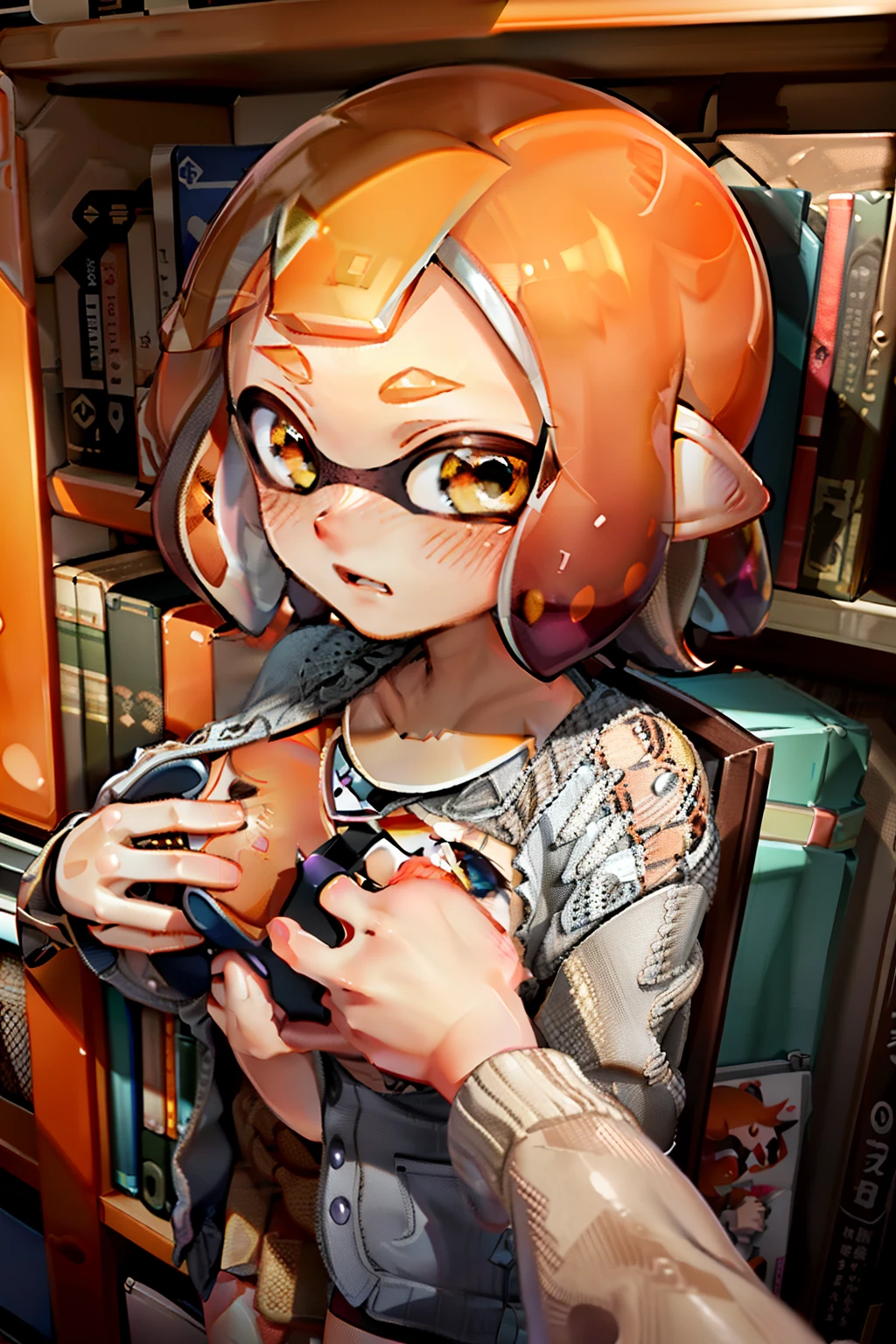 CG-10 ..., 3D, Real Anime、masterpiece,alone, Adult, (20 years) Splatoon Girl, SFW, young, cute, (Otaku),librarian,profile, From the side ,Bookshelf, library,Loosening your curls indoors,  Medium Hair, (((Orange tentacle hair))),  ((Ginger)),(Freckels),Choosing a book, Book in hand, Golden Eyes, ((Subjective heart-grabbing, POV hands)), Grab your chest,(Mouth closed),(((((Embarrassing, Blushing))))) 、Blake gigantic breast、 ((Subjective heart-grabbing, POV hands, Grab your chest)), Mid-riff break red check skirt,  ((Subjective heart-grabbing, POV hands, Grab your chest))
 