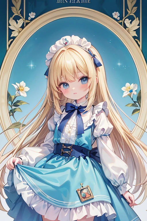 (Official Art、highest quality、unity 8k wallpaper、32k、masterpiece、Very detailed、超A high resolution)、Fantasy、((Alice in Wonderland))、1 female, 12 years old、blonde、Long Hair、Blue colored eyes、Blue Apron Dress、Trump'soldier、rabbit with a clock、Red Rose、White Rose、Stand in front of the house