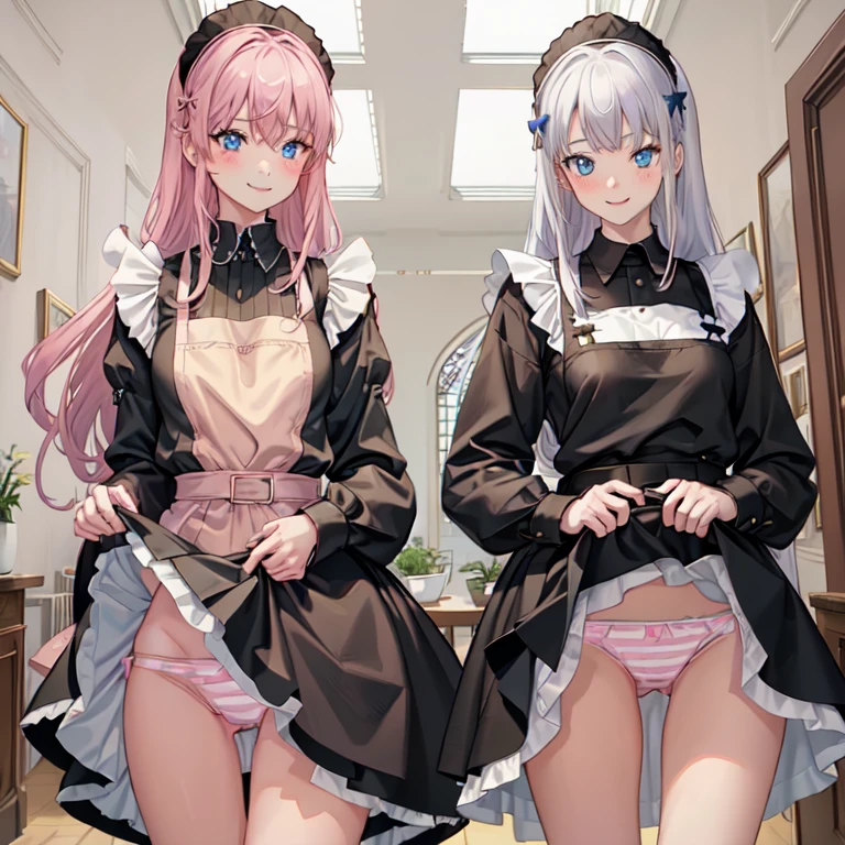 highest quality, masterpiece,(()), ((2 girls:1.5)), ((smile:1.3)), (blush:1.3), Black Shirt, blouse, ((fun!!)), (Small breasts), Blonde, (Long sleeve), ((White apron:1.5)), ((Maid)), ((hair ornaments)), Kamimei, look at me, ((in house:1.5)), Taking a break from watching the audience, Cowboy Shot, (skirtlift:1.3), (Pink striped panties:1.3), (skirt that rolls up:1.3), (Panties fully exposed:1.5), Light blue eyes, long hair, Glowing Eyes