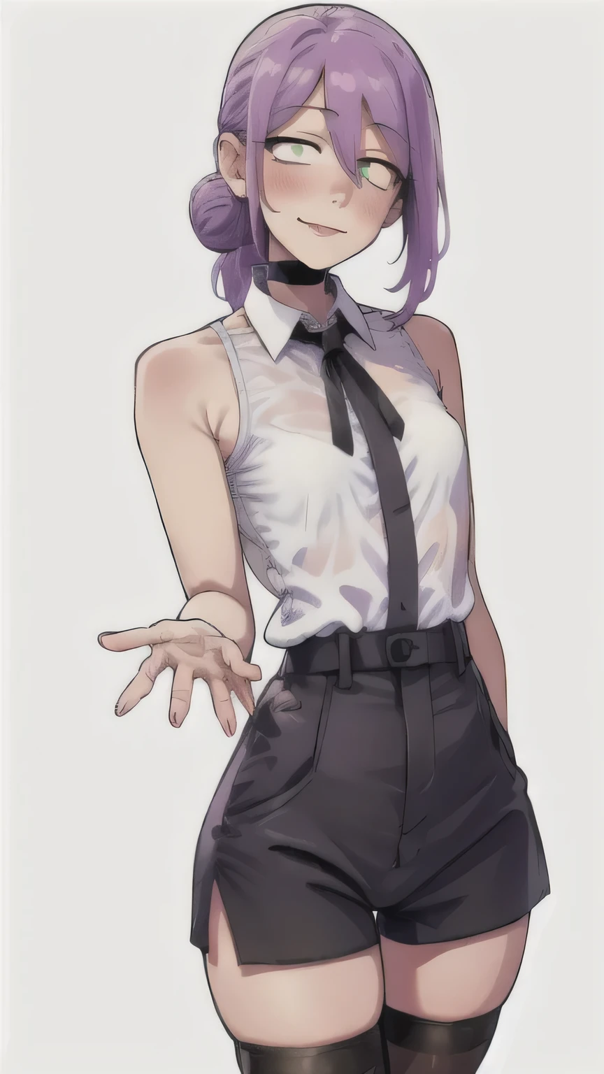violet, violet hair, hair between eyes, green eyes, shirt, ((white shirt)), tie, black tie, flower, white flower, flowers in hand, 1 girl, very thin, detailed beautiful skin, pink on face,(blush), young girl, silver ring, cause upheaval, black shorts, black tights, tights, medium breasts, ass