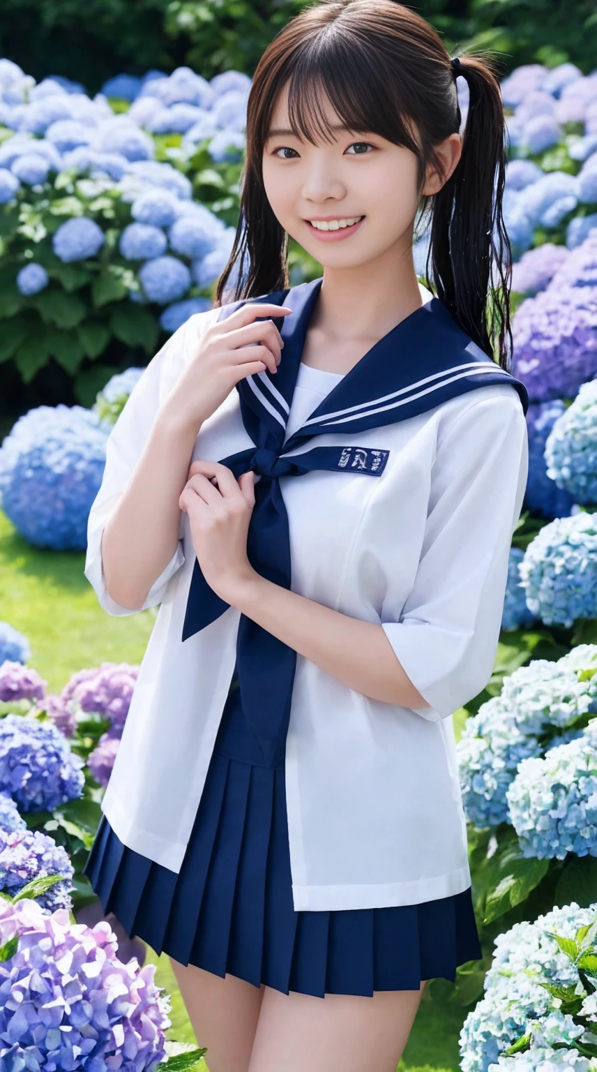 最high quality、high quality、Best image quality、small size sailor suit、Tight sailor suit、The sailor uniform is wet and sticks to my chest、(Large Breasts),Summer clothes、pleated mini skirt、Twin tails、smile、,最High resolution、High resolution、最high quality、masterpiece、RAW Photos、whole body写真、Detailed and realistic human body、Detailed and realistic skin、Realistic face in every detail、Detailed and realistic eyes、Detailed and realistic lips、Detailed and realistic teeth、Detailed and realistic ears、Detailed and realistic hair、Detailed and realistic weapons、Realistic reproduction of every detail、Realistic fingers in every detail、(Beautiful Hands、thumb１reference４)、Realistic feet down to the last detail、((Beautiful Japanese Woman))、(Japanese Model)、((21 year old beautiful woman))、(Black Hair)、(Straight hair)、((whole body))、(Slim and perfect figure)、(whole body光沢肌、Fair skin)、Detailed and realistic human body、Detailed and realistic skin、Realistic face in every detail、Detailed and realistic weapons、Realistic fingers in every detail、Detailed realistic feet、Soft natural light、Japanese garden、A 360-degree view of hydrangea fields、((Standing in the middle of a hydrangea field(A girl surrounded by hydrangeas 360 degrees))、Poses to make your thighs look beautiful