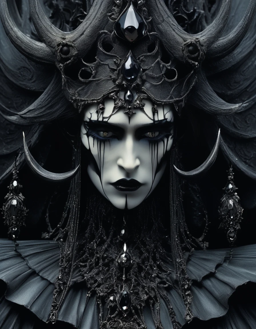 Close-up of face, (super macro), devil's crown, mournful weeping expression, Serge Rutens style, Cecil Beaton style