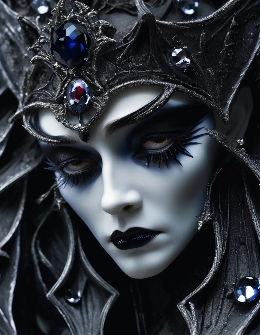Close-up of face, (super macro), devil's crown, mournful weeping expression, Serge Rutens style, Cecil Beaton style